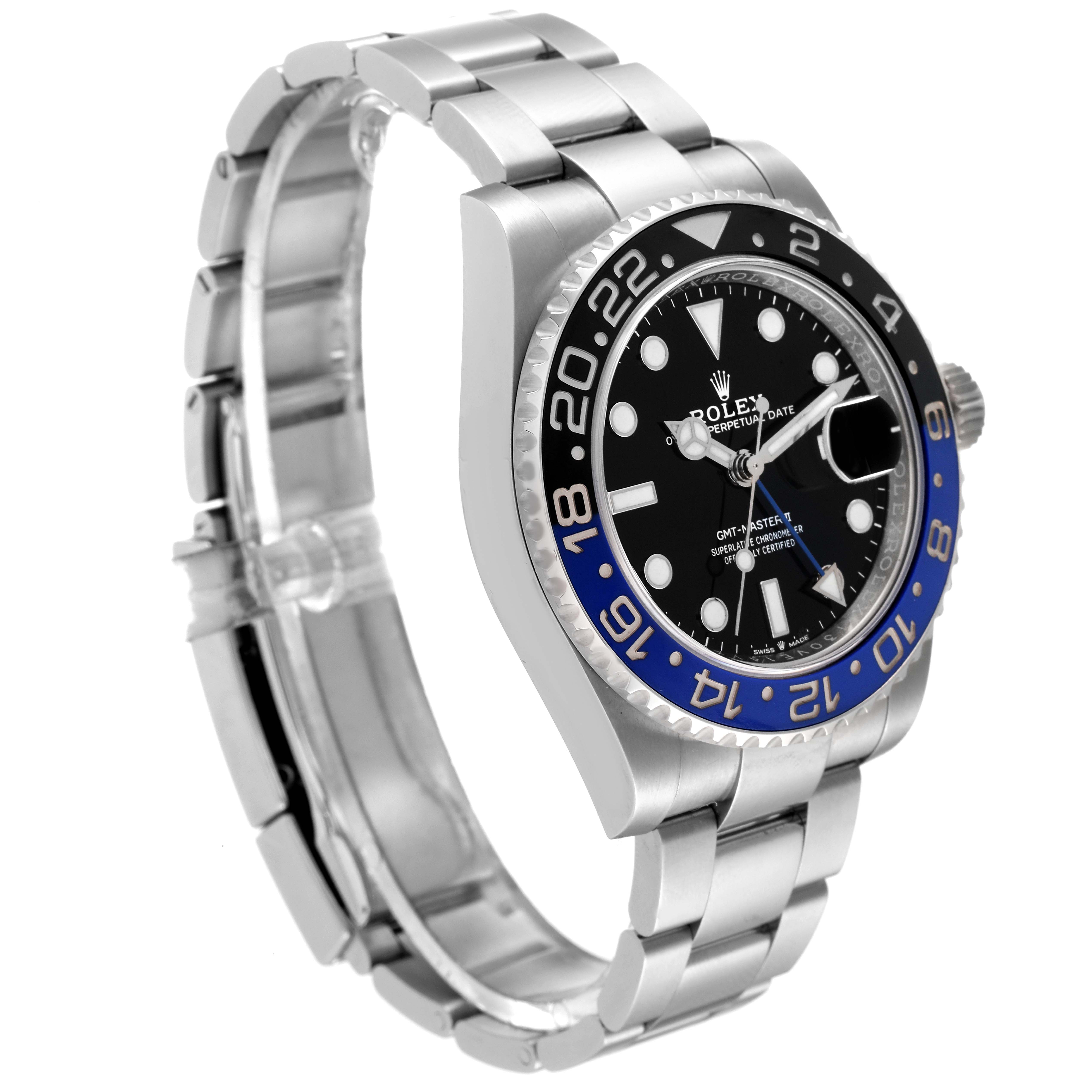 The Rolex GMT-Master 126710 Men's Stainless Steel Black Dial 126710 Men's Stainless Steel Black Dial watch is shown from a side angle, displaying its bezel, dial, and metal bracelet.