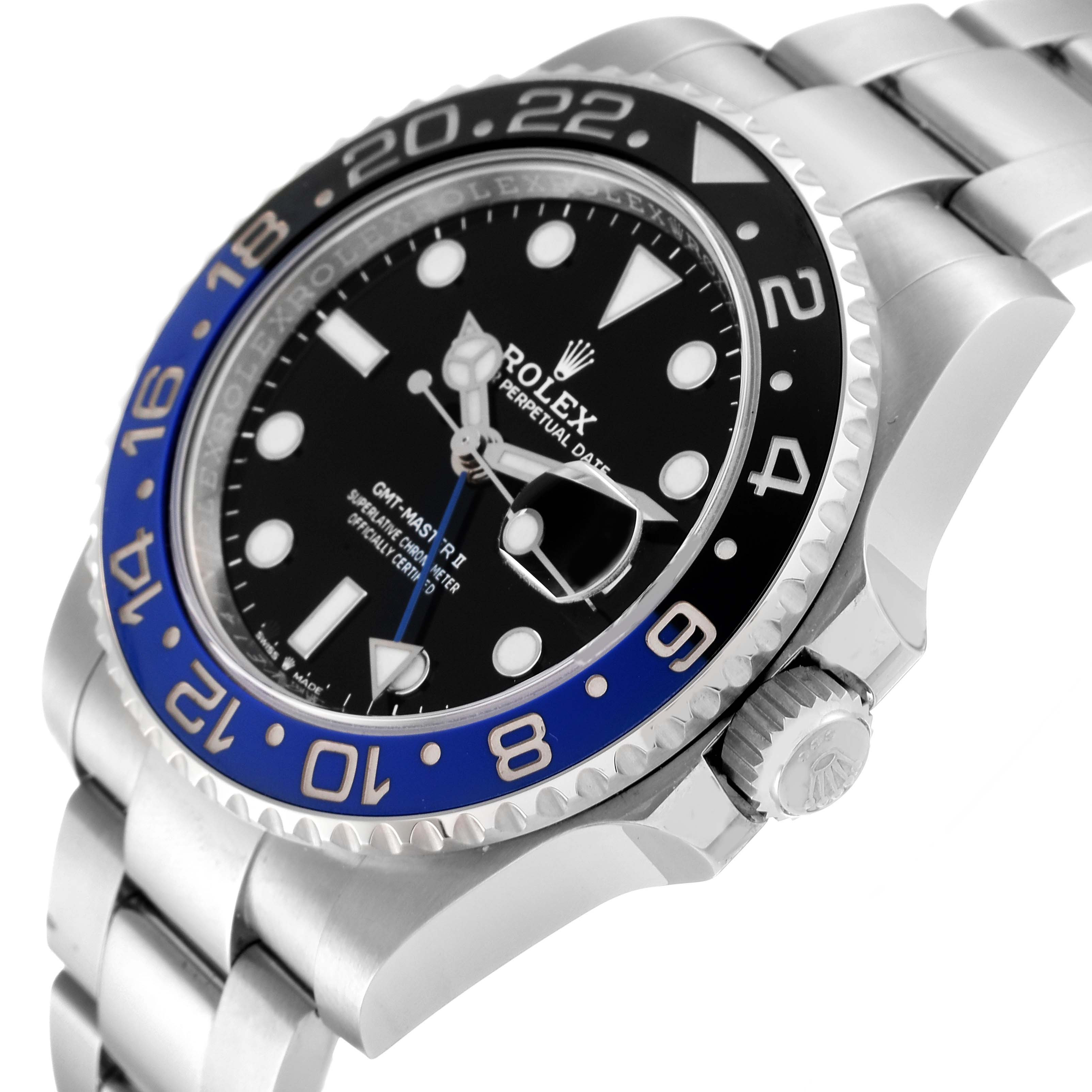The image shows a close-up, angled view of a Rolex GMT-Master 126710 Men's Stainless Steel Black Dial 126710 Men's Stainless Steel Black Dial II watch, focusing on the dial, bezel, and part of the bracelet.