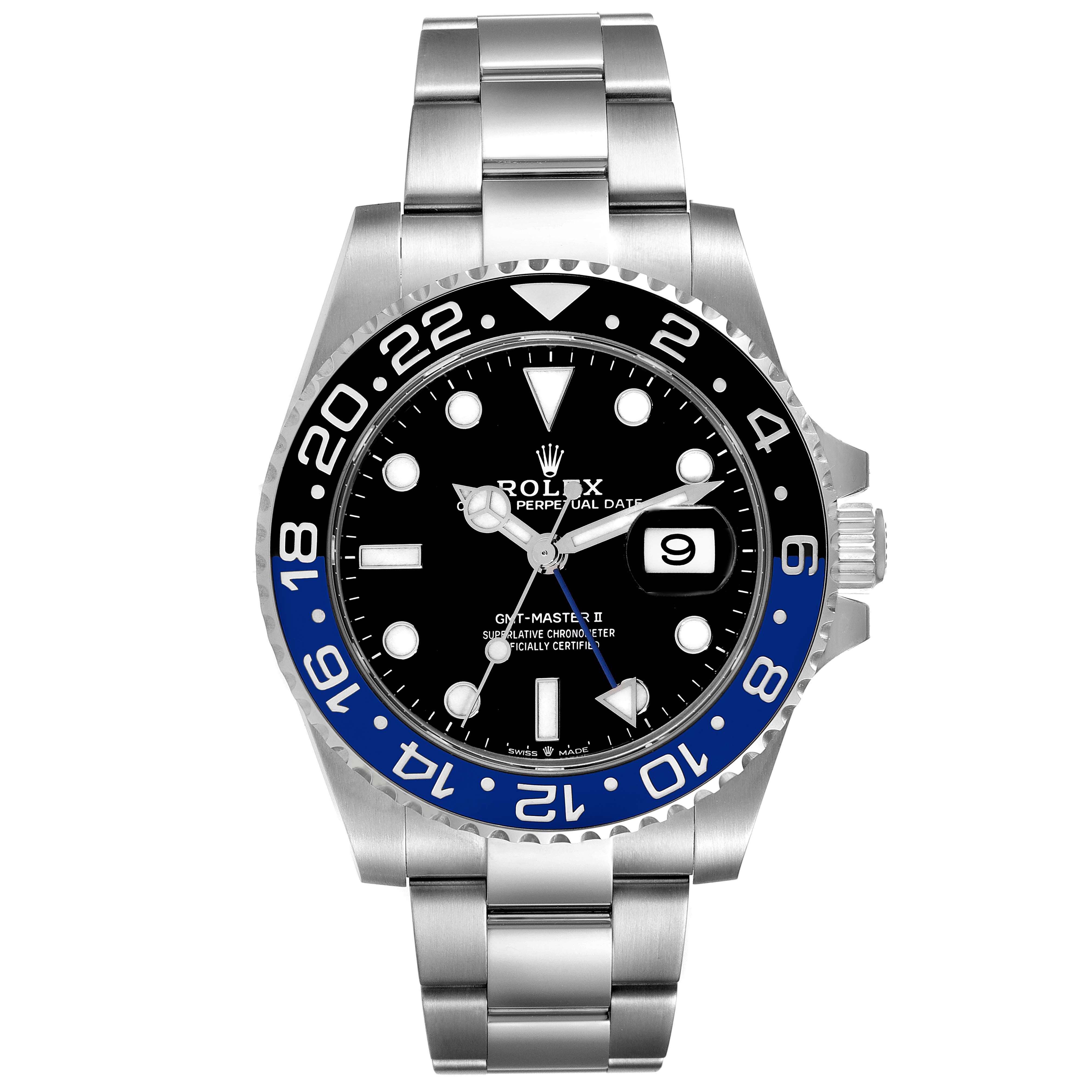 This image shows a frontal view of the Rolex GMT-Master 126710 Men's Stainless Steel Black Dial 126710 Men's Stainless Steel Black Dial II watch, displaying the dial, bezel, and bracelet.