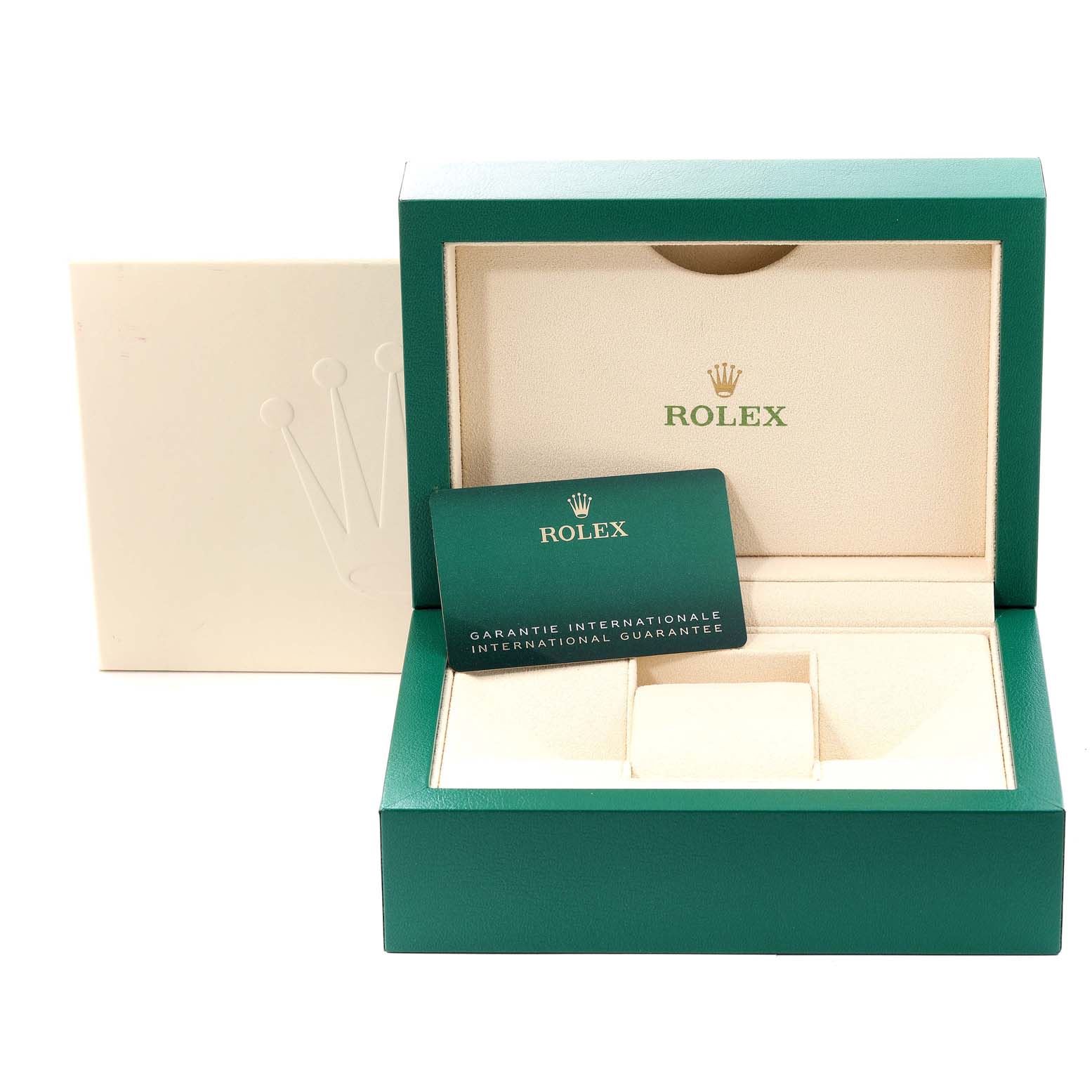 A Rolex GMT-Master 126710 Men's Stainless Steel Black Dial 126710 Men's Stainless Steel Black Dial watch box is open, showing the interior and an international guarantee card.