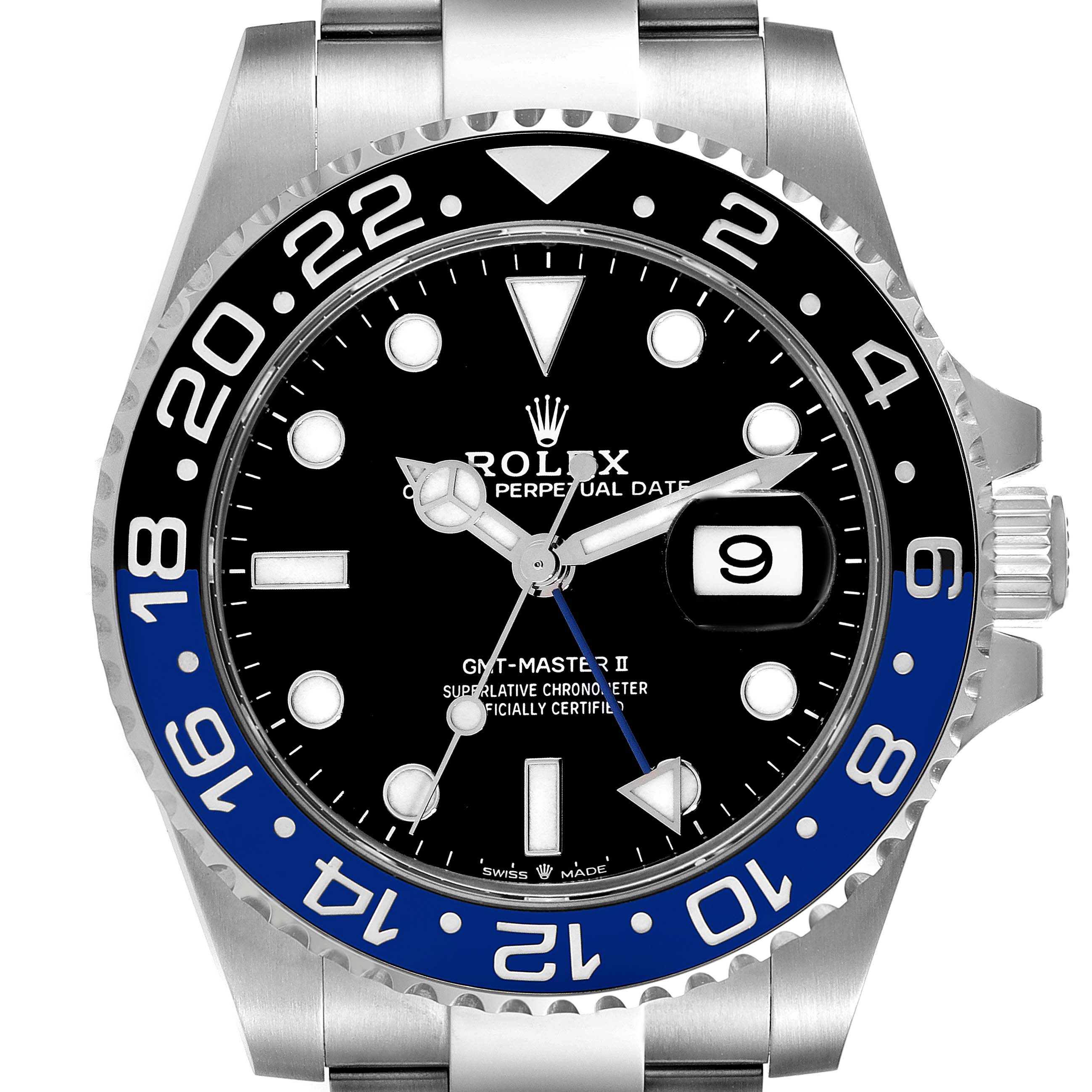 This image shows a front view of the Rolex GMT-Master 126710 Men's Stainless Steel Black Dial 126710 Men's Stainless Steel Black Dial II watch, highlighting its black and blue bezel, dial, and date display.
