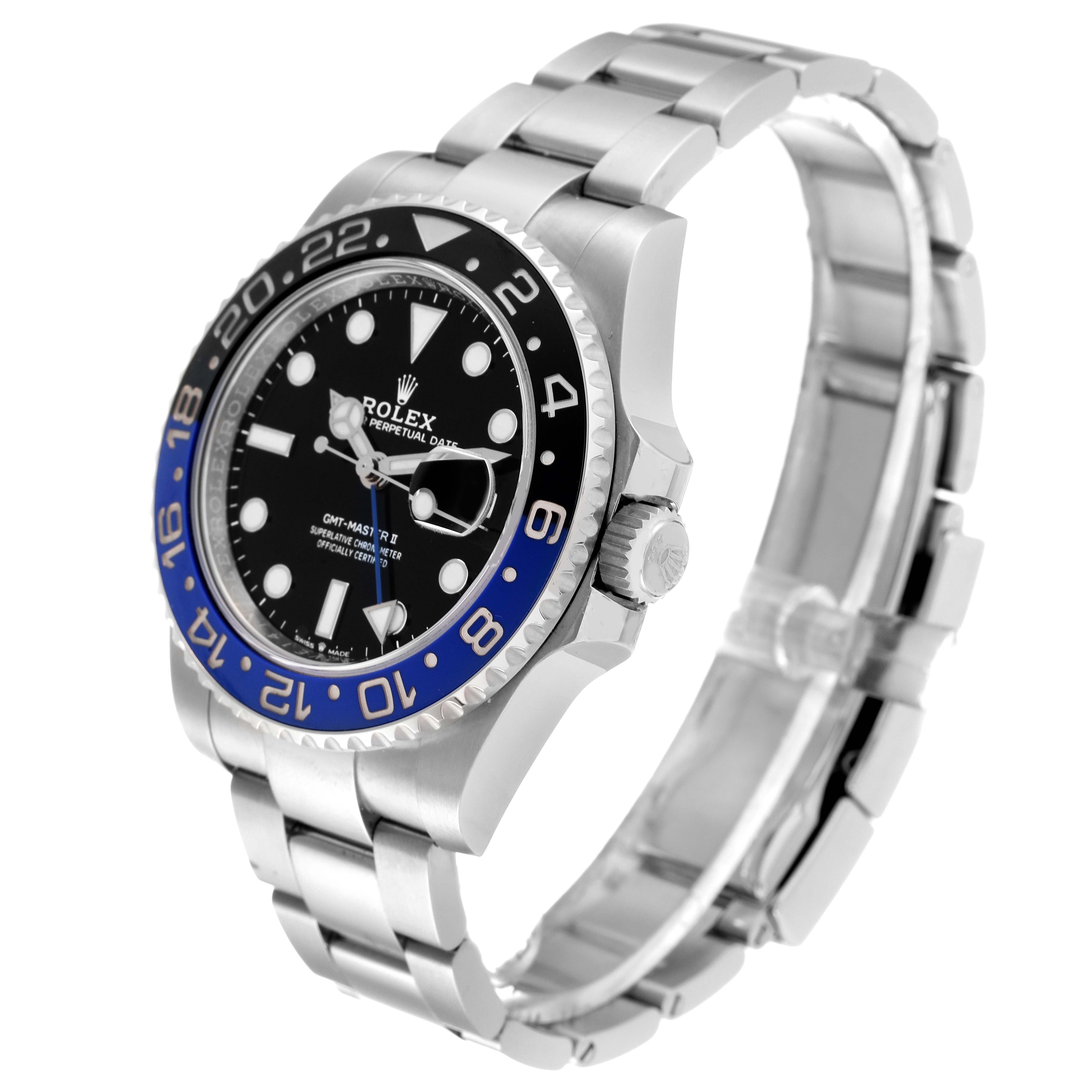 The Rolex GMT-Master 126710 Men's Stainless Steel Black Dial 126710 Men's Stainless Steel Black Dial watch is shown at a front-left angle, displaying its bezel, dial, and bracelet.