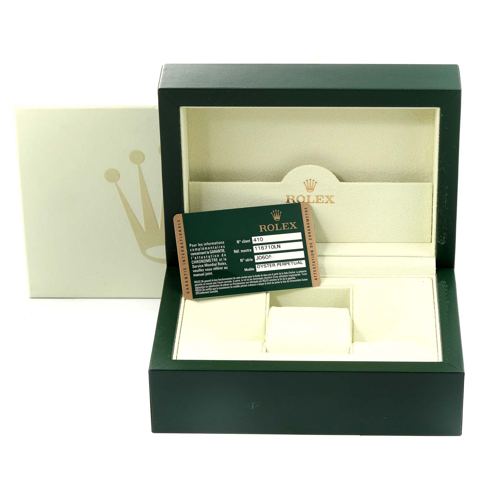 The image shows an open Rolex GMT-Master 116710 Men
s Stainless Steel Black Dial 116710 Men
s Stainless Steel Black Dial watch box and Best Quality
ity card displayed at an angle.