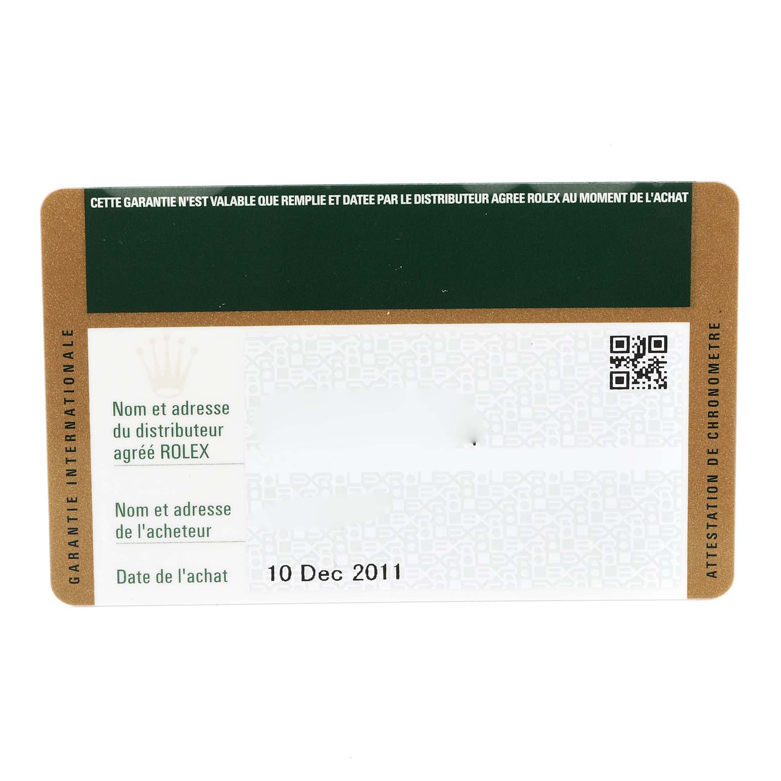 This image shows a warranty card for a Rolex GMT-Master 116710 Men
s Stainless Steel Black Dial 116710 Men
s Stainless Steel Black Dial model, highlighting purchase date details.