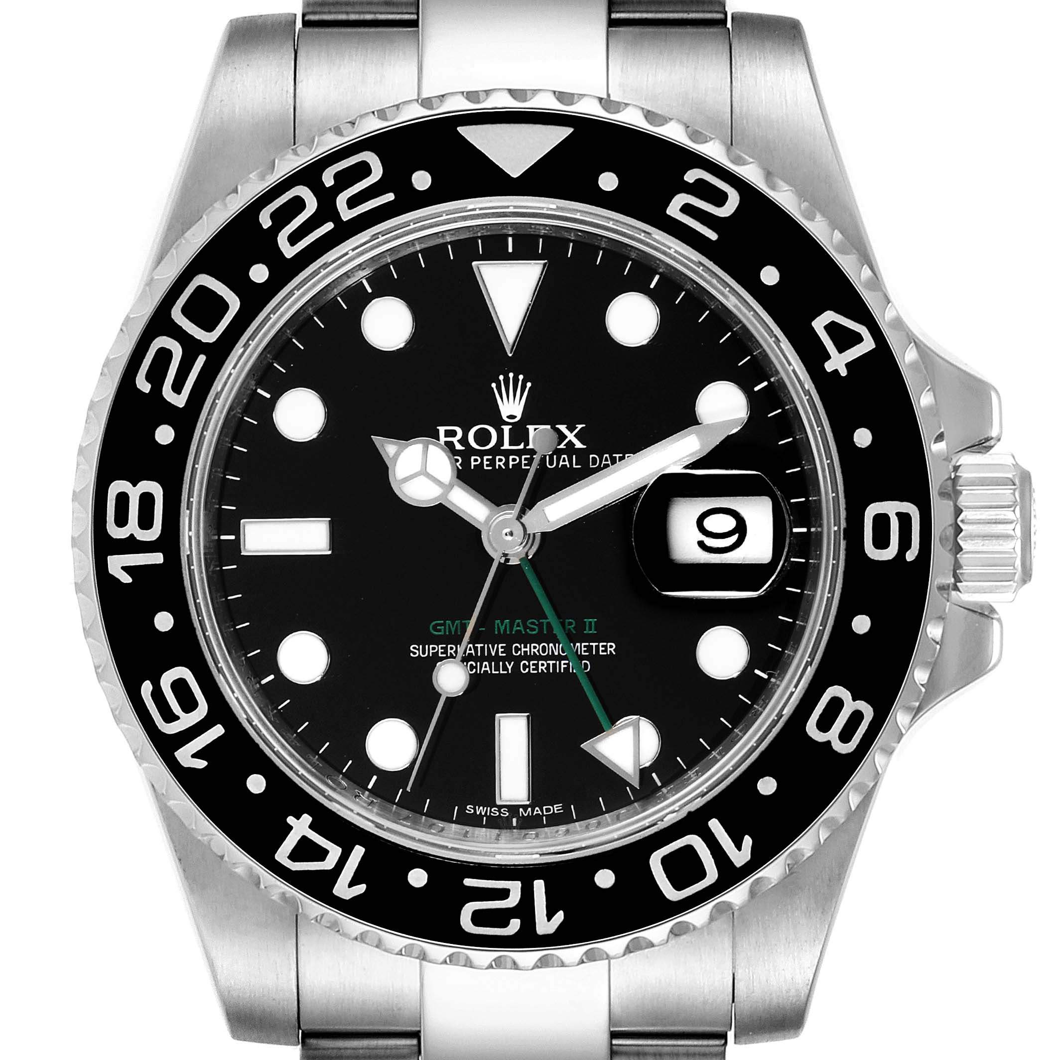 The image shows a front view of the Rolex GMT-Master 116710 Men
s Stainless Steel Black Dial 116710 Men
s Stainless Steel Black Dial II watch, highlighting the dial, bezel, hands, and crown.