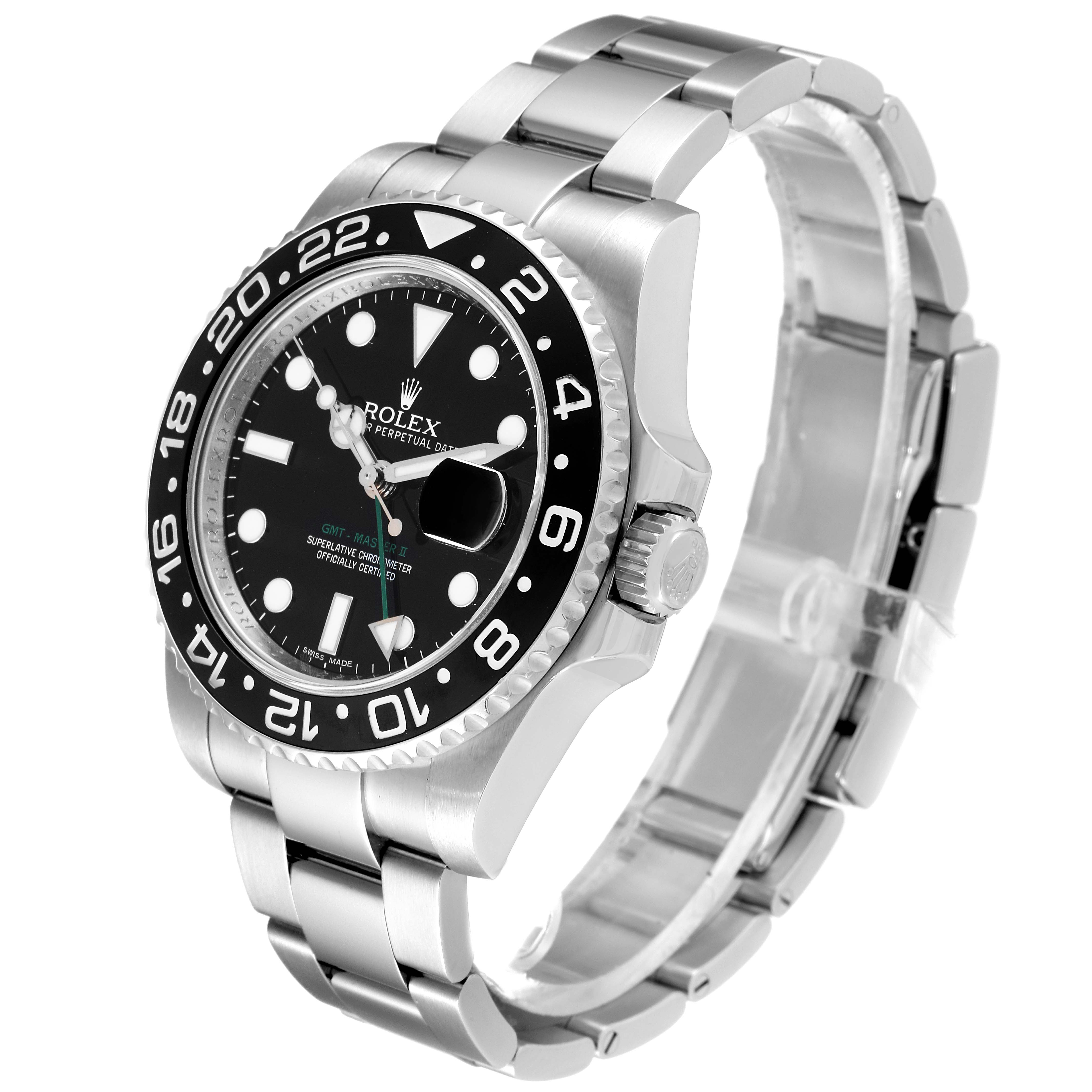 This image shows a side angle of a Rolex GMT-Master 116710 Men
s Stainless Steel Black Dial 116710 Men
s Stainless Steel Black Dial watch, highlighting its bezel, dial, crown, and bracelet.