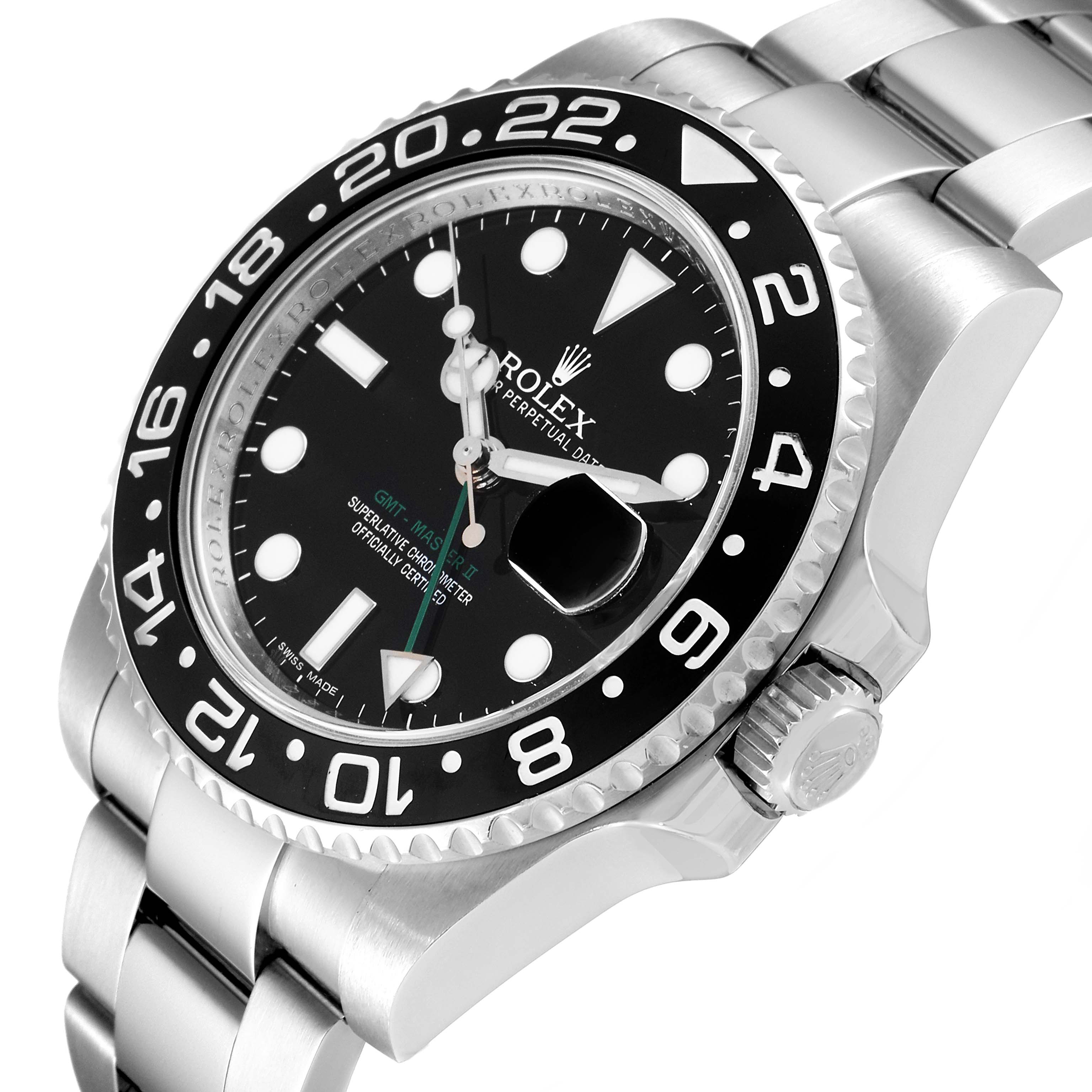 The image shows a close-up, angled view of the dial and bezel of a Rolex GMT-Master 116710 Men
s Stainless Steel Black Dial 116710 Men
s Stainless Steel Black Dial watch.