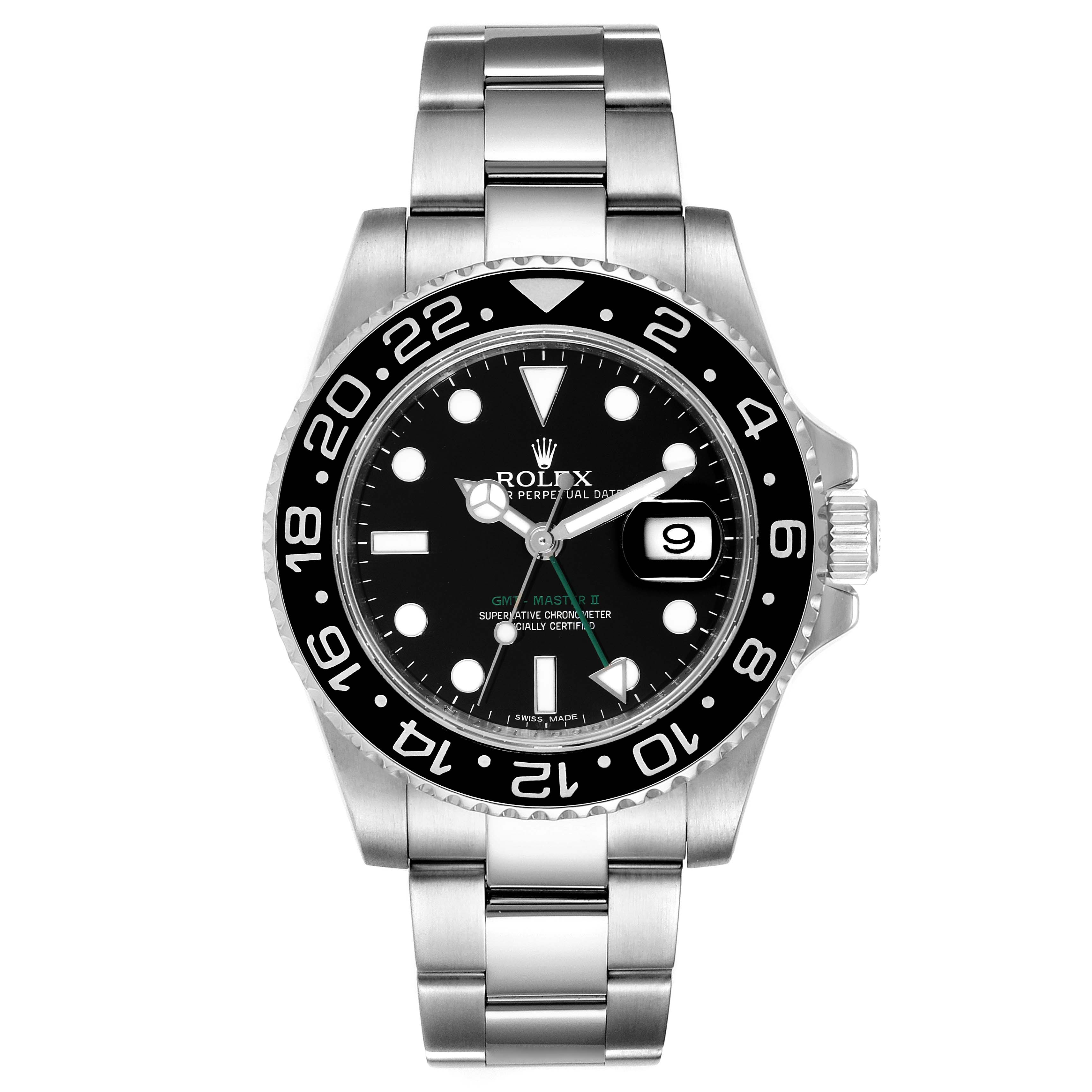 This image shows a front view of a Rolex GMT-Master 116710 Men
s Stainless Steel Black Dial 116710 Men
s Stainless Steel Black Dial watch featuring its dial, bezel, and stainless steel bracelet.