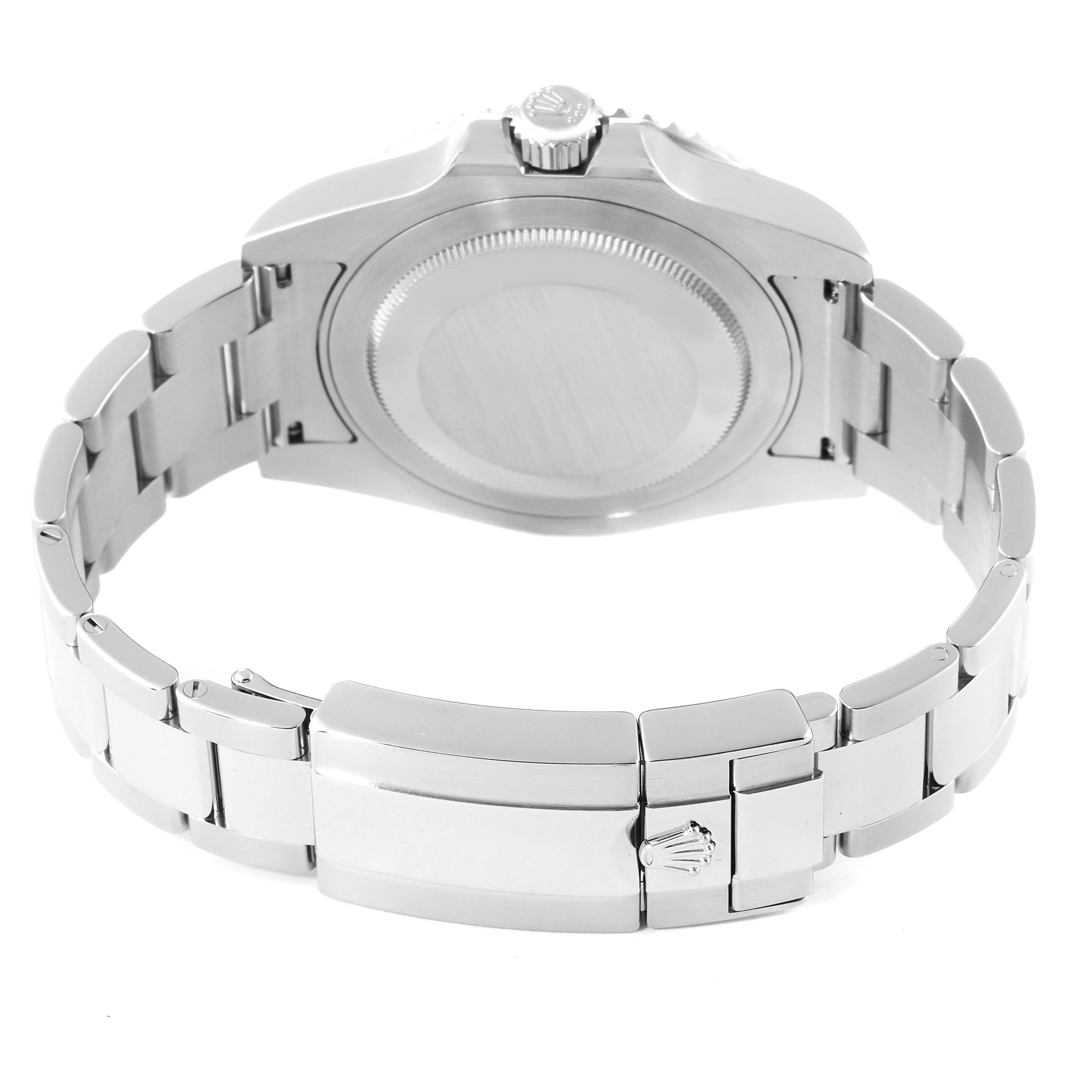 The image shows the back view of a Rolex GMT-Master 116710 Men
s Stainless Steel Black Dial 116710 Men
s Stainless Steel Black Dial watch, including its case back, crown, and stainless steel bracelet.