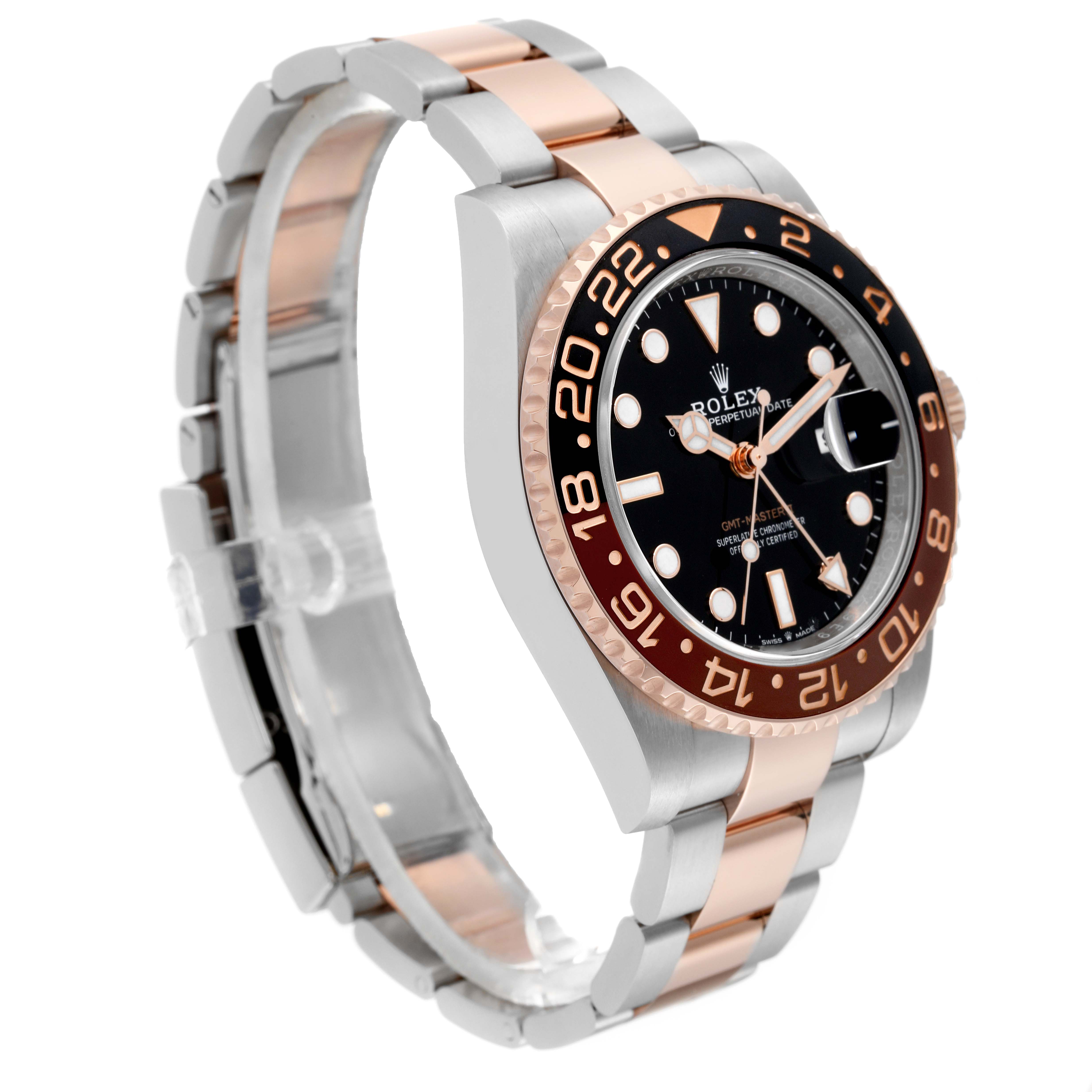 The image shows a Rolex GMT-Master 126711CHNR Men's Steel and Gold (two tone) Black Dial 126711CHNR Men's Steel and Gold (two tone) Black Dial watch at a slight angle, featuring a black dial, dual-tone bezel, and two-tone bracelet.