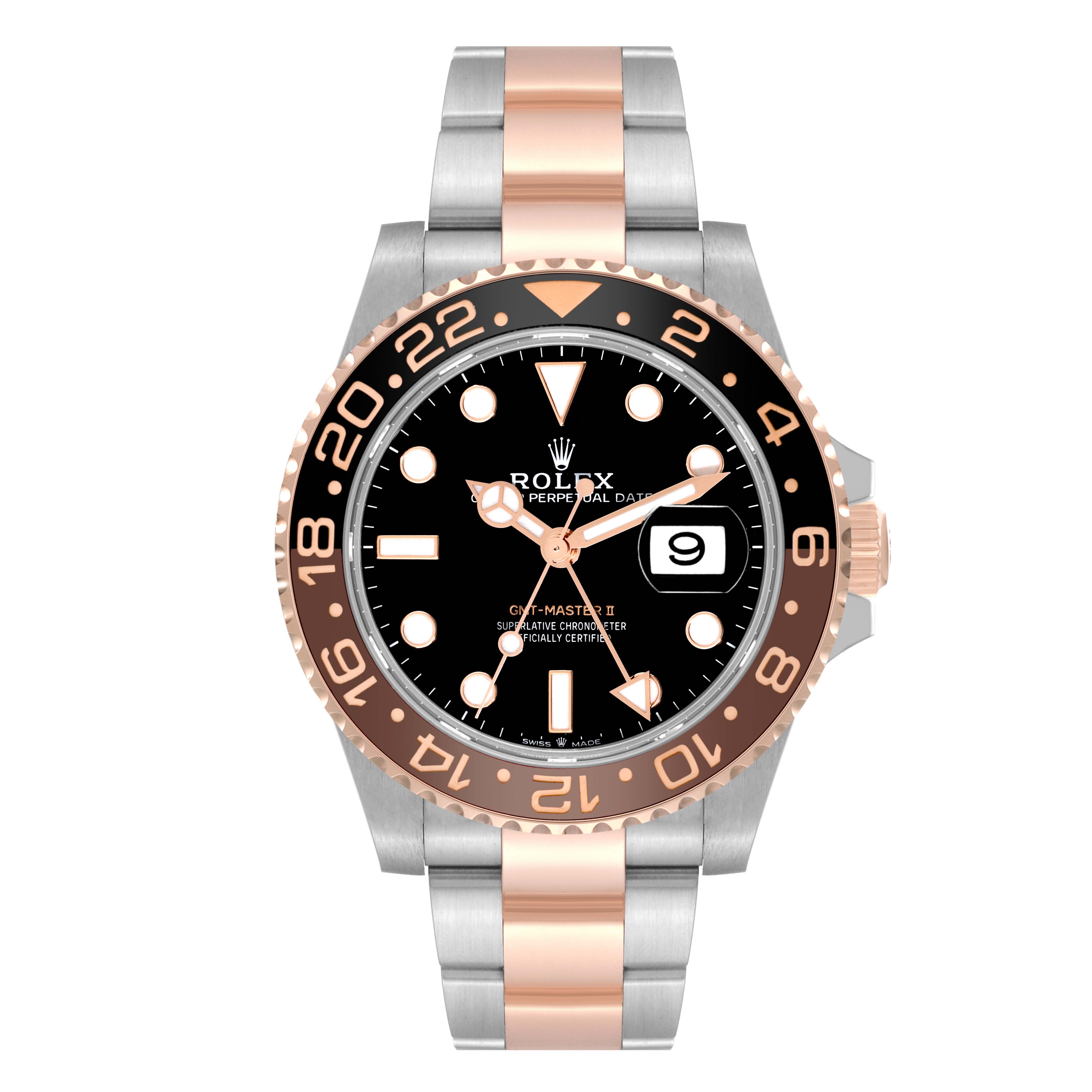 The image shows a front view of a Rolex GMT-Master 126711CHNR Men's Steel and Gold (two tone) Black Dial 126711CHNR Men's Steel and Gold (two tone) Black Dial II watch, highlighting its black dial, date display, and two-tone bracelet.