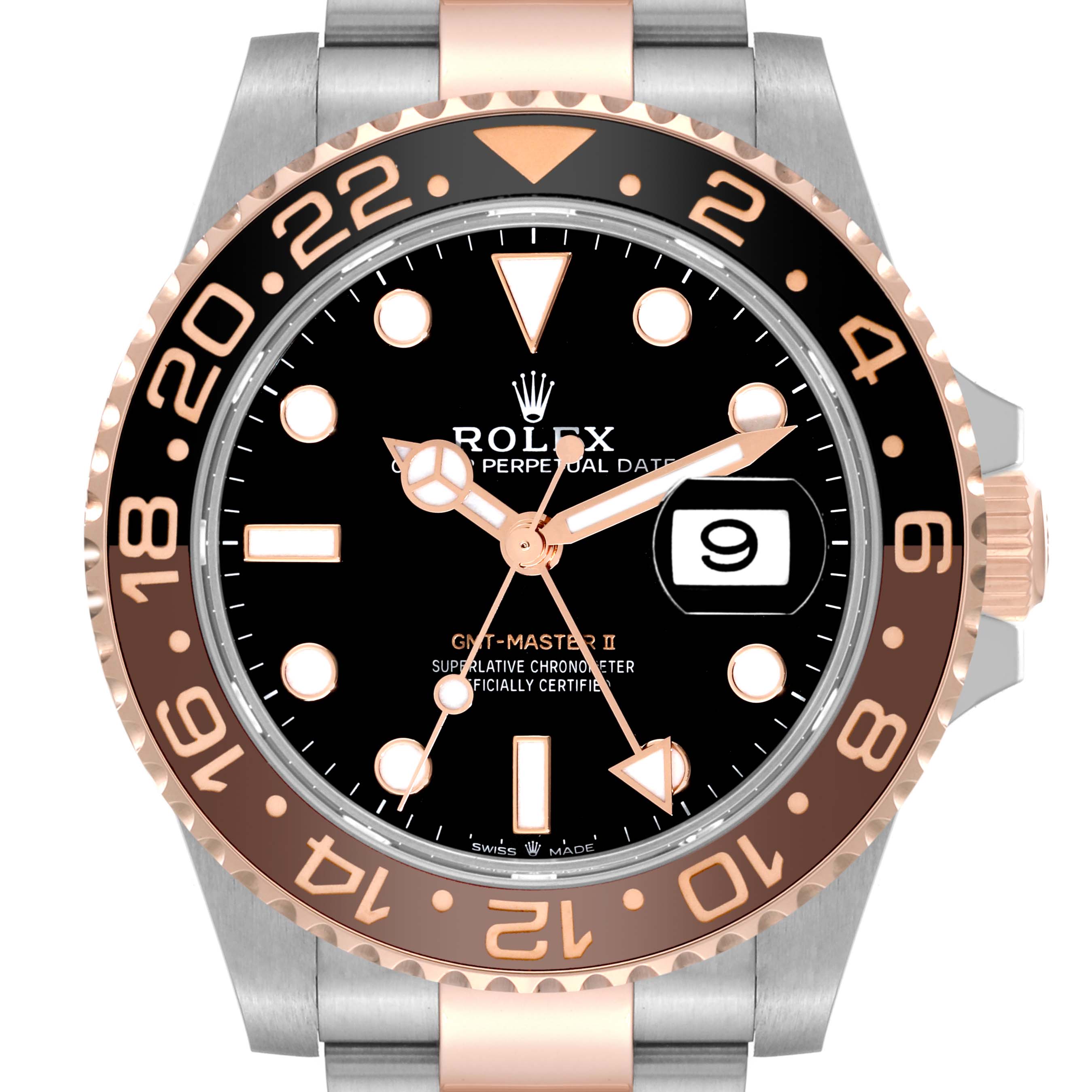 This Rolex GMT-Master 126711CHNR Men's Steel and Gold (two tone) Black Dial 126711CHNR Men's Steel and Gold (two tone) Black Dial II watch is shown from the front, highlighting the bezel, dial, hands, date window, and part of the bracelet.