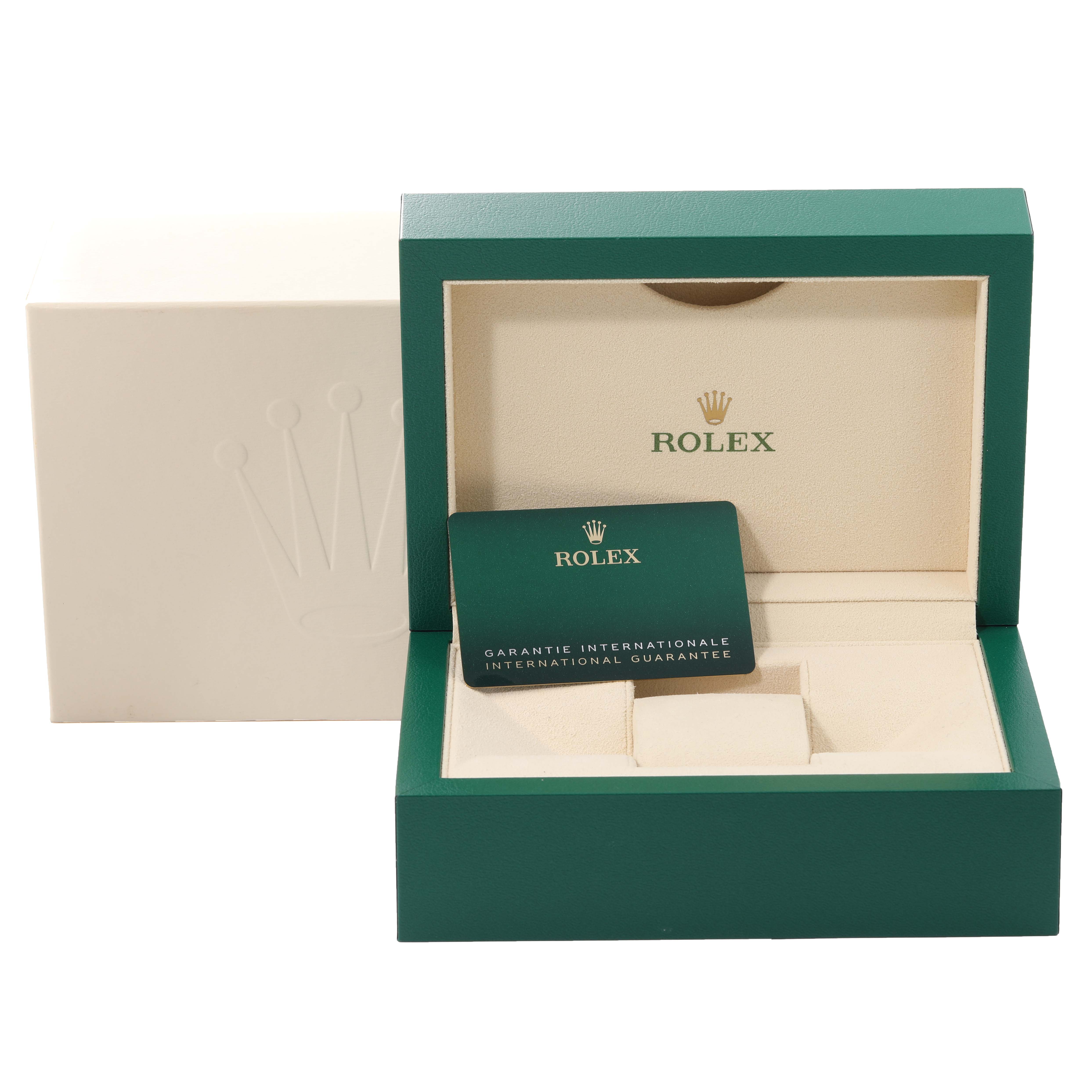 The image shows an open Rolex GMT-Master 126711CHNR Men's Steel and Gold (two tone) Black Dial 126711CHNR Men's Steel and Gold (two tone) Black Dial watch box with a guarantee card inside.