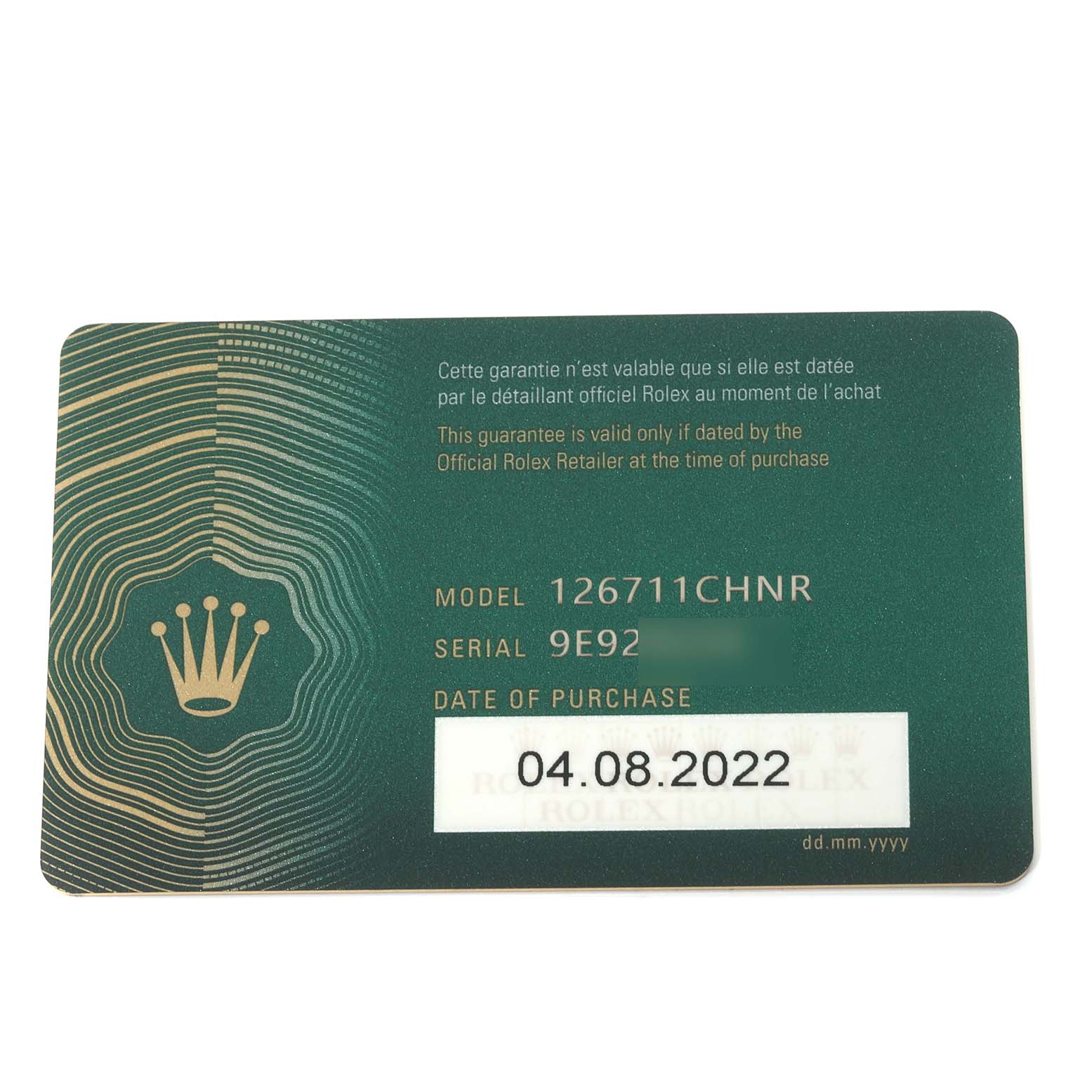 The image shows the warranty card for a Rolex GMT-Master 126711CHNR Men's Steel and Gold (two tone) Black Dial 126711CHNR Men's Steel and Gold (two tone) Black Dial model 126711CHNR, with purchase date 04.08.2022.