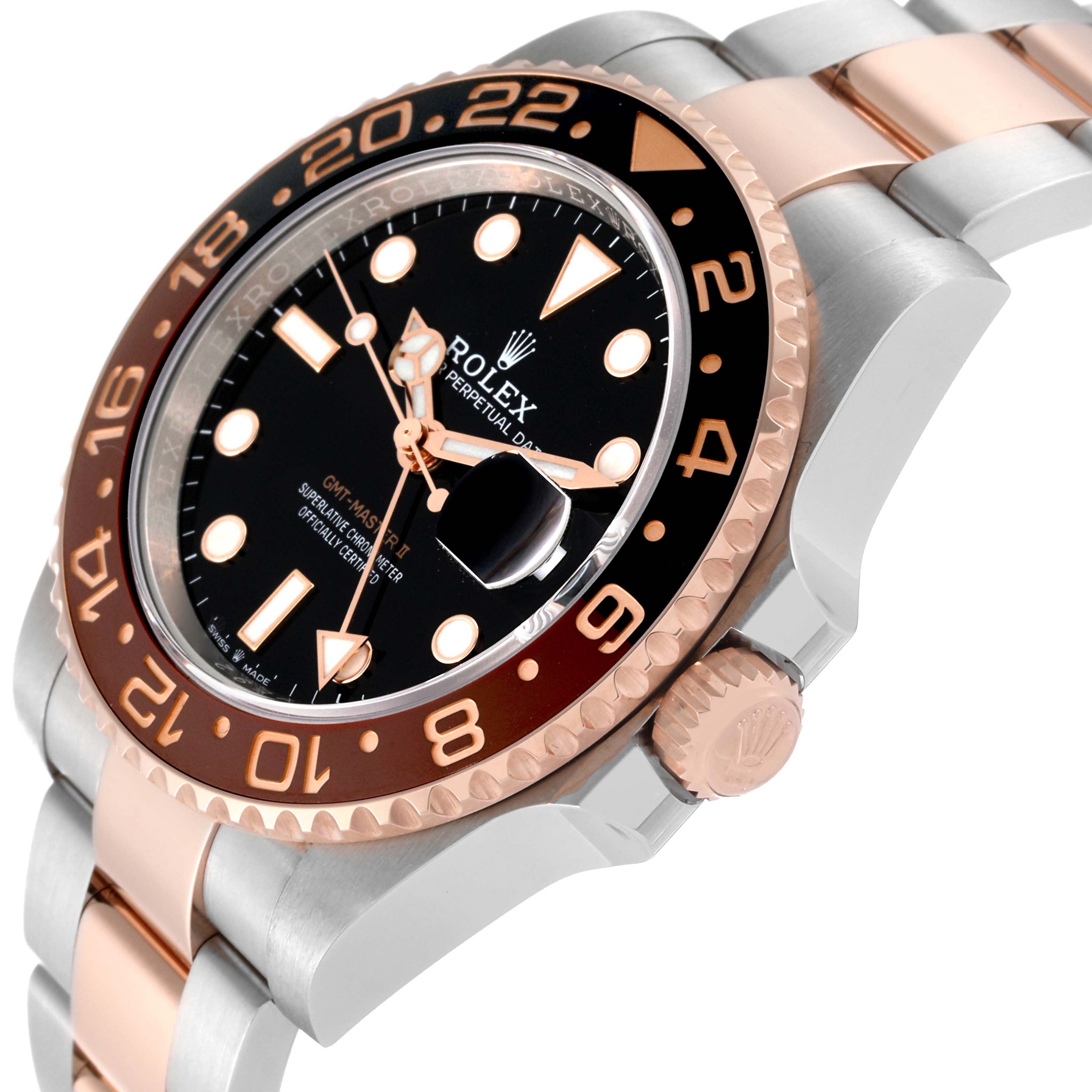 The image shows a close-up side angle of a Rolex GMT-Master 126711CHNR Men's Steel and Gold (two tone) Black Dial 126711CHNR Men's Steel and Gold (two tone) Black Dial watch, displaying the face, bezel, and part of the bracelet.