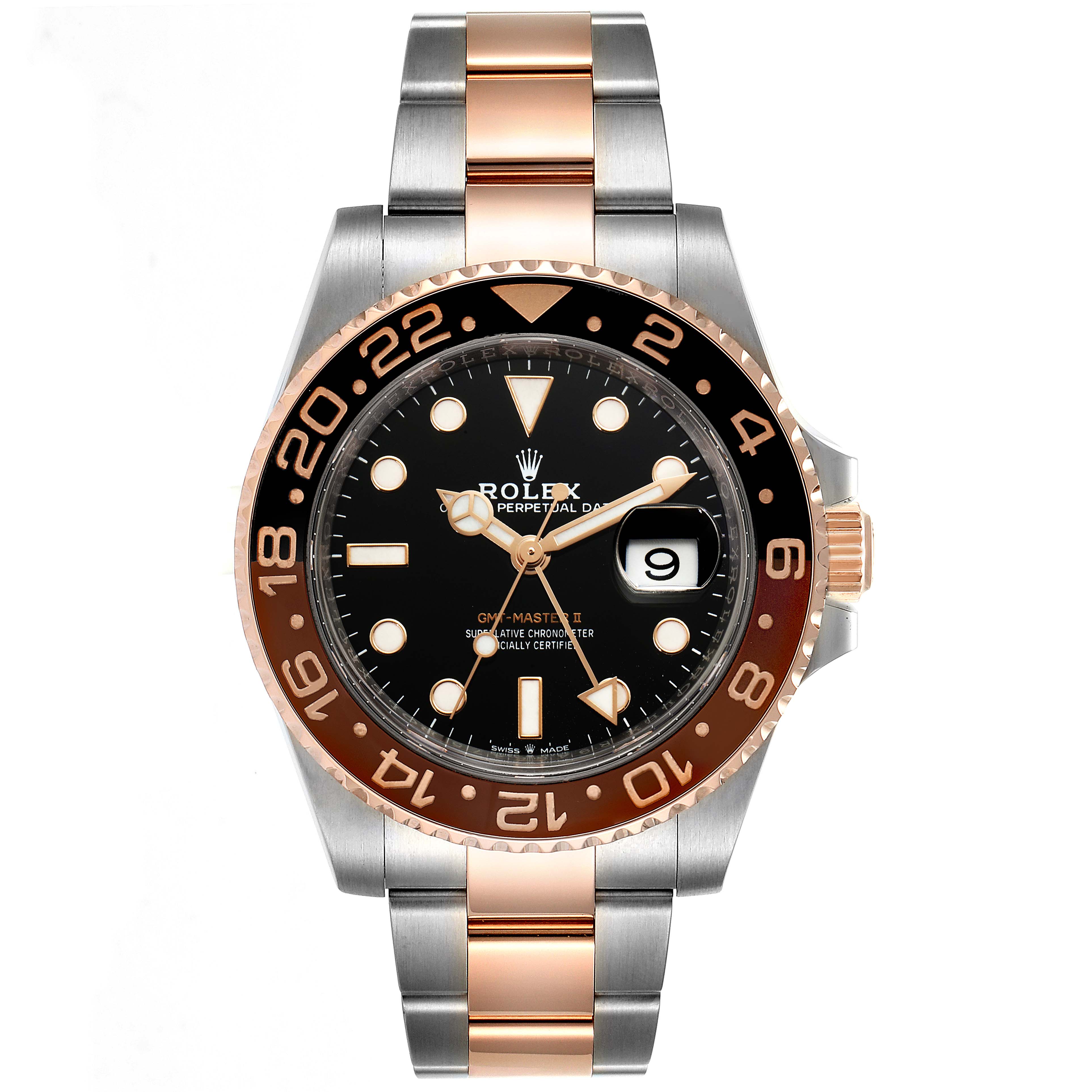 This Rolex GMT-Master 126711 Men
s Steel and Gold (two tone) Black Dial 126711 Men
s Steel and Gold (two tone) Black Dial II watch is shown from a front angle, highlighting its face, bezel, and bracelet.