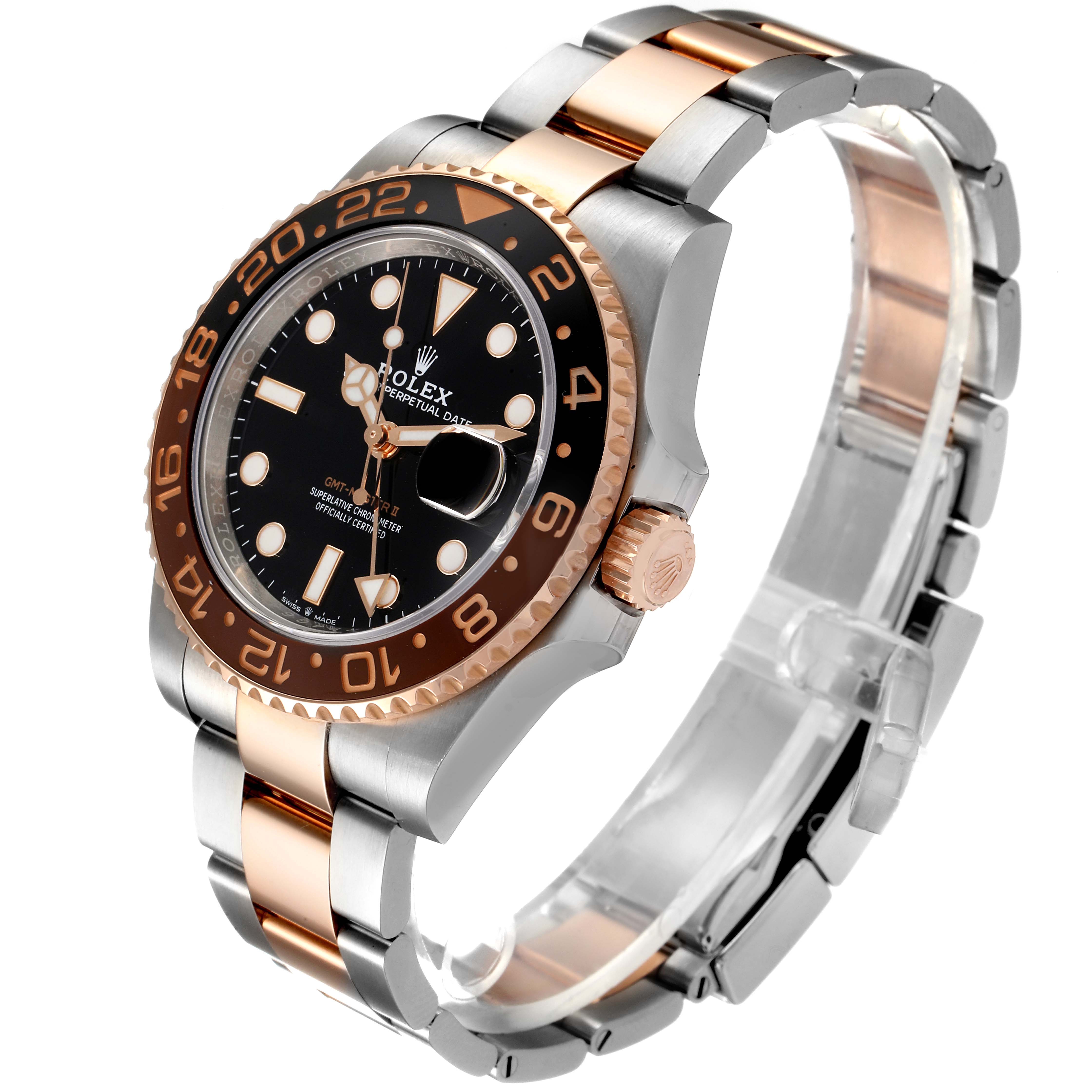 The image shows a side angle view of a Rolex GMT-Master 126711 Men
s Steel and Gold (two tone) Black Dial 126711 Men
s Steel and Gold (two tone) Black Dial watch, highlighting the two-tone bracelet, bezel, and watch face.