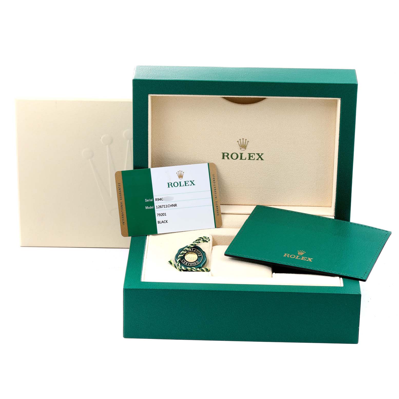 The image shows the packaging, documentation, and tag of a Rolex GMT-Master 126711 Men
s Steel and Gold (two tone) Black Dial 126711 Men
s Steel and Gold (two tone) Black Dial watch.