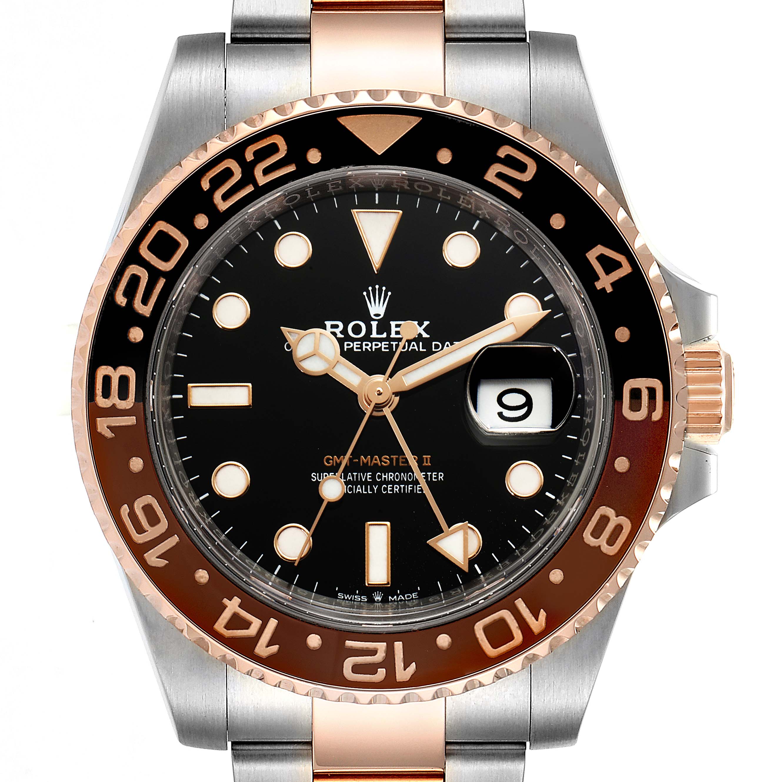 This Rolex GMT-Master 126711 Men
s Steel and Gold (two tone) Black Dial 126711 Men
s Steel and Gold (two tone) Black Dial II watch is shown from a front angle, highlighting the dial, bezel, and part of the bracelet.