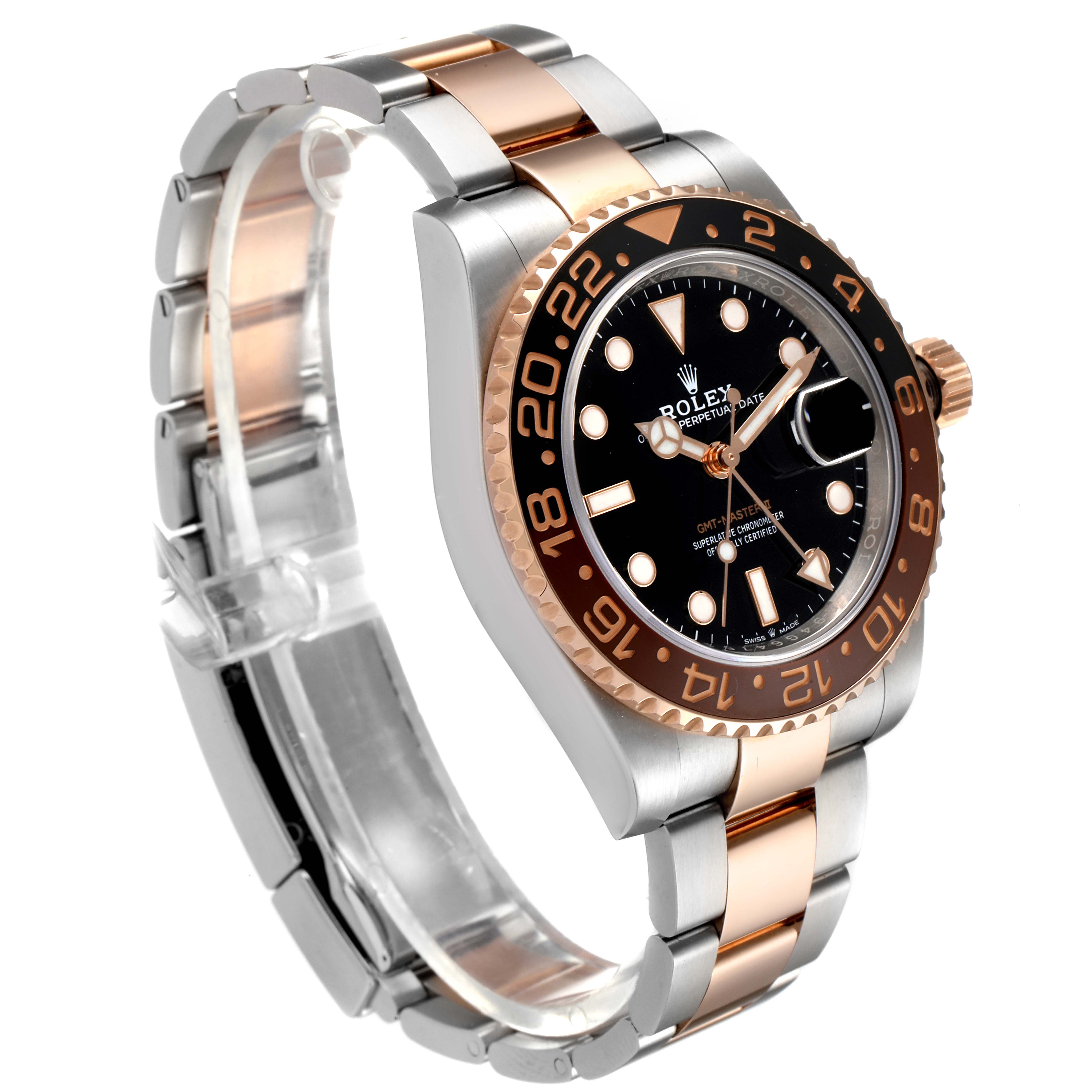 The image shows a side angle of a Rolex GMT-Master 126711 Men
s Steel and Gold (two tone) Black Dial 126711 Men
s Steel and Gold (two tone) Black Dial watch, highlighting its two-tone bracelet and black bezel.