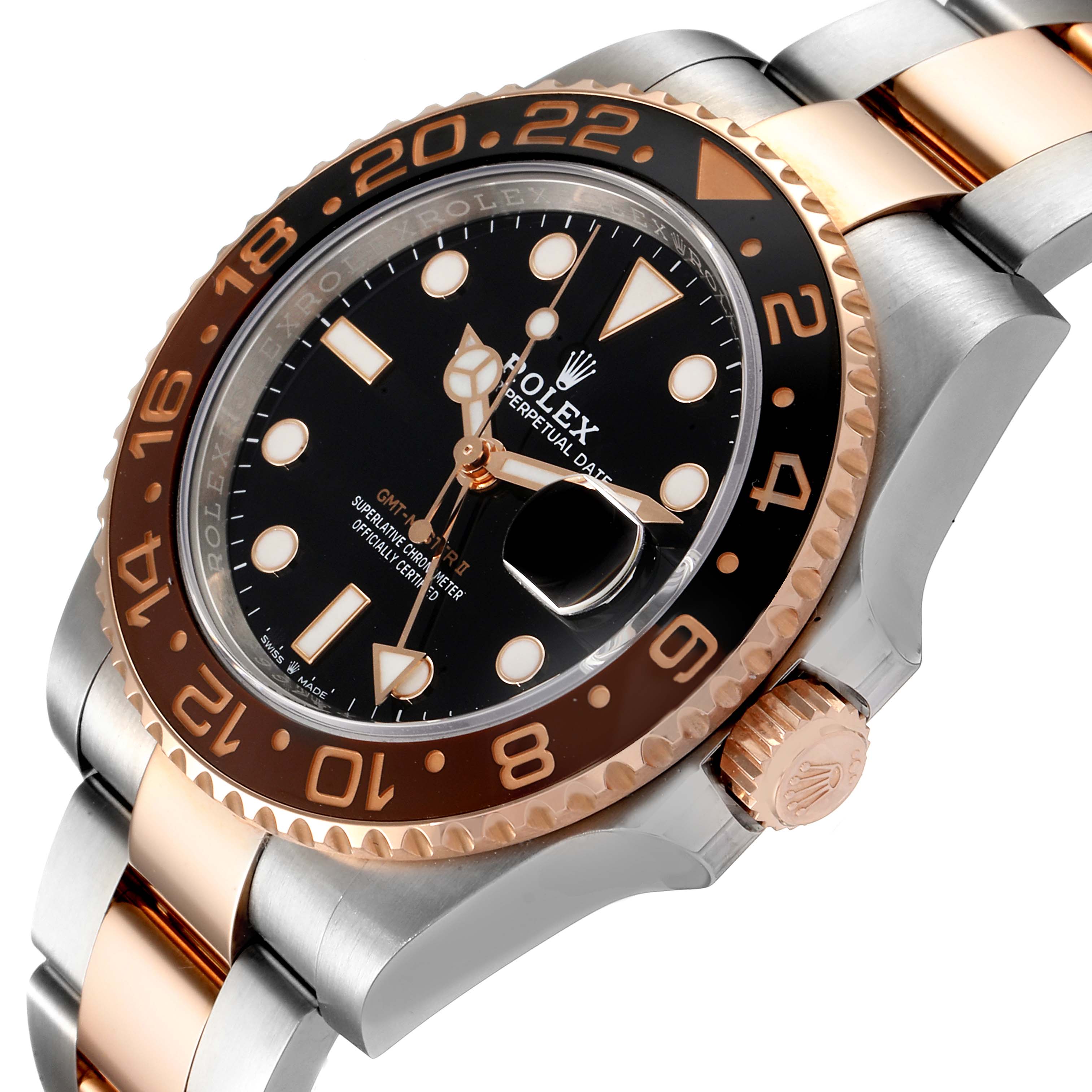The Rolex GMT-Master 126711 Men
s Steel and Gold (two tone) Black Dial 126711 Men
s Steel and Gold (two tone) Black Dial watch is shown at an angled close-up, highlighting the bezel, dial, crown, and part of the bracelet.