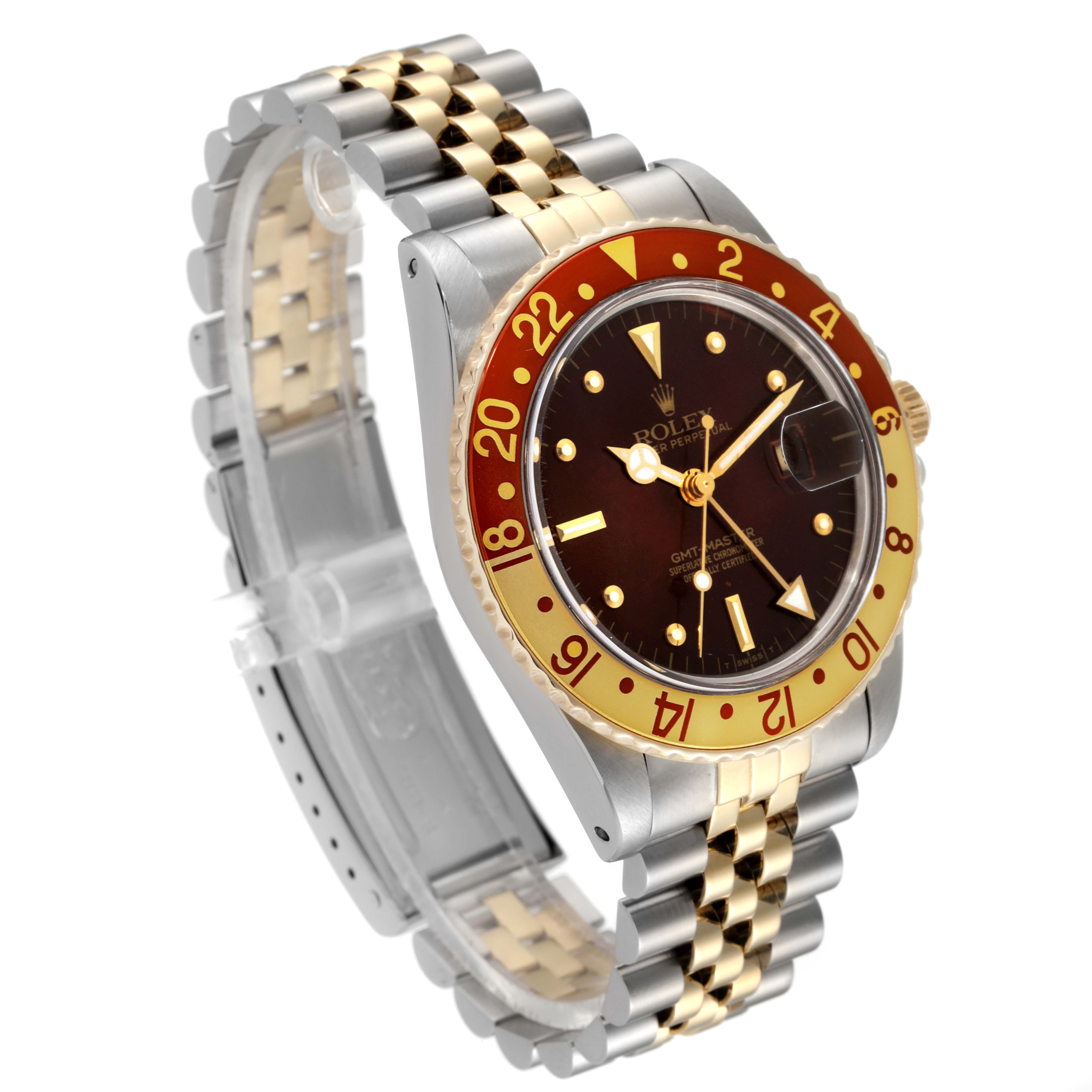 The Rolex Vintage Collection 16753 Men's Steel and Gold (two tone) Brown Dial 16753 Men's Steel and Gold (two tone) Brown Dial model is shown at a three-quarter angle, highlighting the bezel, dial, and two-tone metal bracelet.