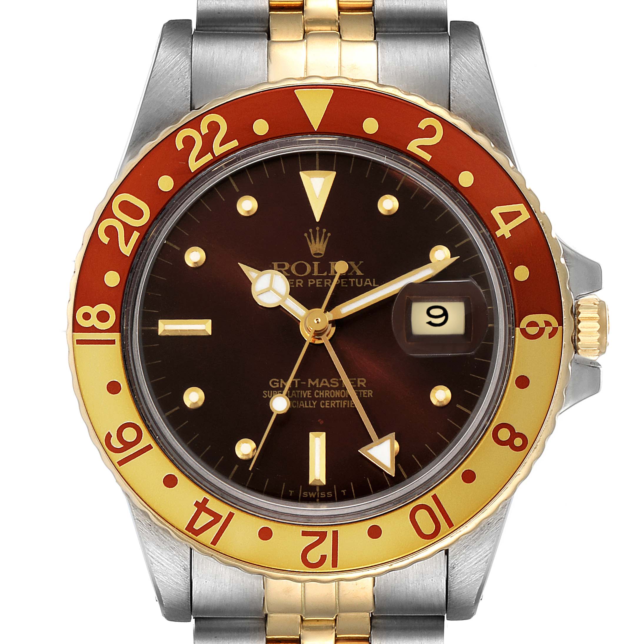 The image shows a front view of the Rolex Vintage Collection 16753 Men's Steel and Gold (two tone) Brown Dial 16753 Men's Steel and Gold (two tone) Brown Dial model watch, highlighting the dial, bezel, and part of the bracelet.