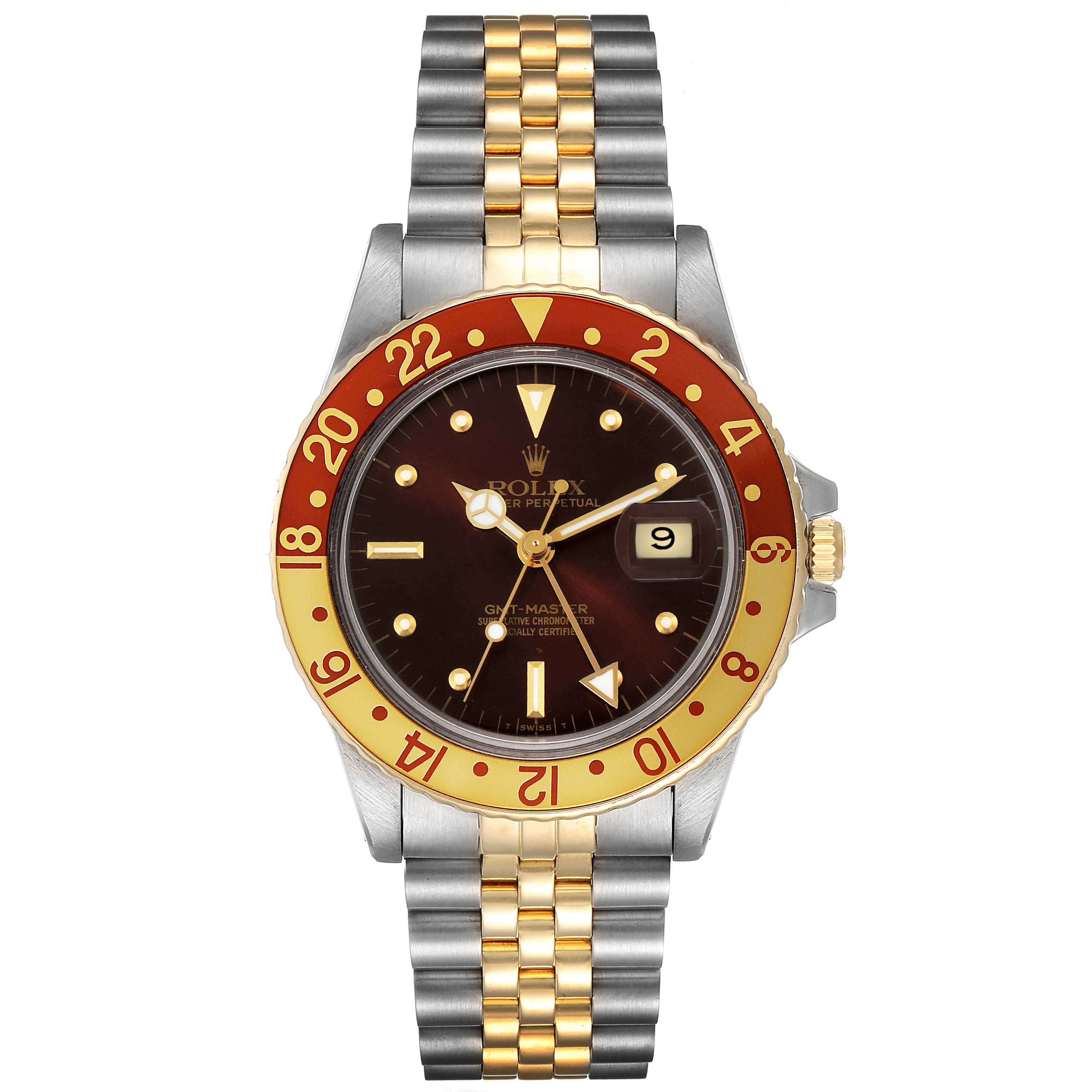 The image shows a front view of the Rolex Vintage Collection 16753 Men's Steel and Gold (two tone) Brown Dial 16753 Men's Steel and Gold (two tone) Brown Dial model watch, highlighting the dial, bezel, and metal bracelet.
