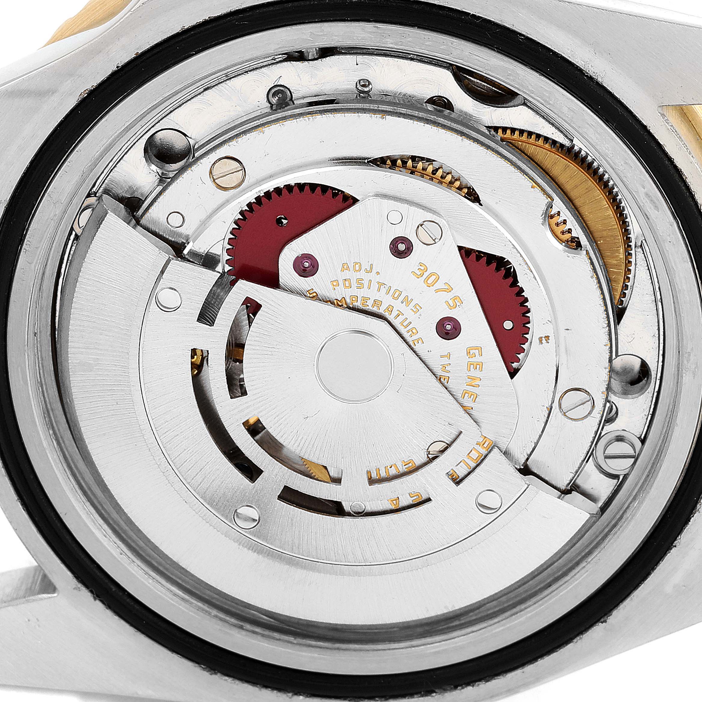 This image shows an internal close-up view of the Rolex Vintage Collection 16753 Men's Steel and Gold (two tone) Brown Dial 16753 Men's Steel and Gold (two tone) Brown Dial watch mechanism.