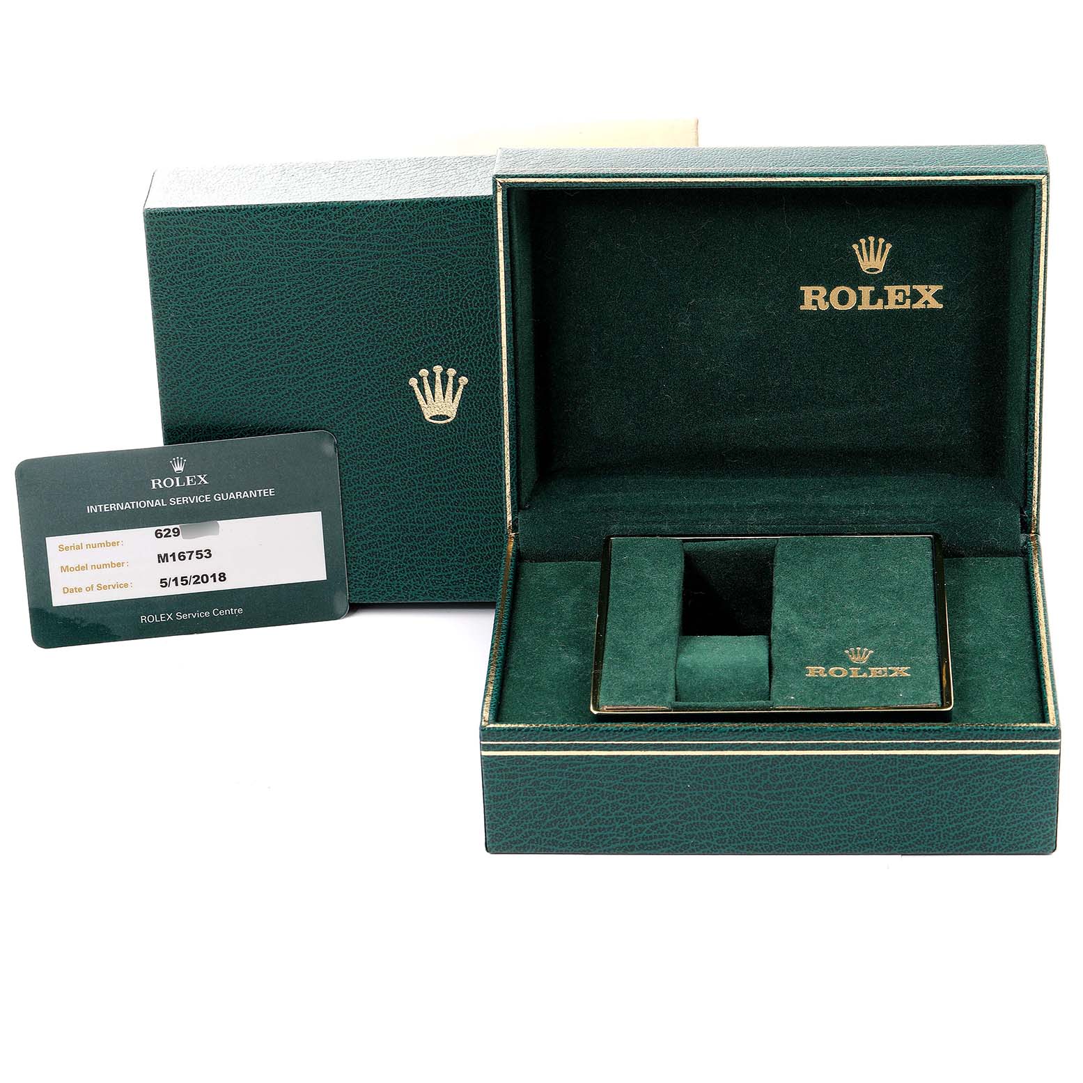 This image shows the open and closed green boxes for the Rolex Vintage Collection 16753 Men's Steel and Gold (two tone) Brown Dial 16753 Men's Steel and Gold (two tone) Brown Dial Model, along with a guarantee card.