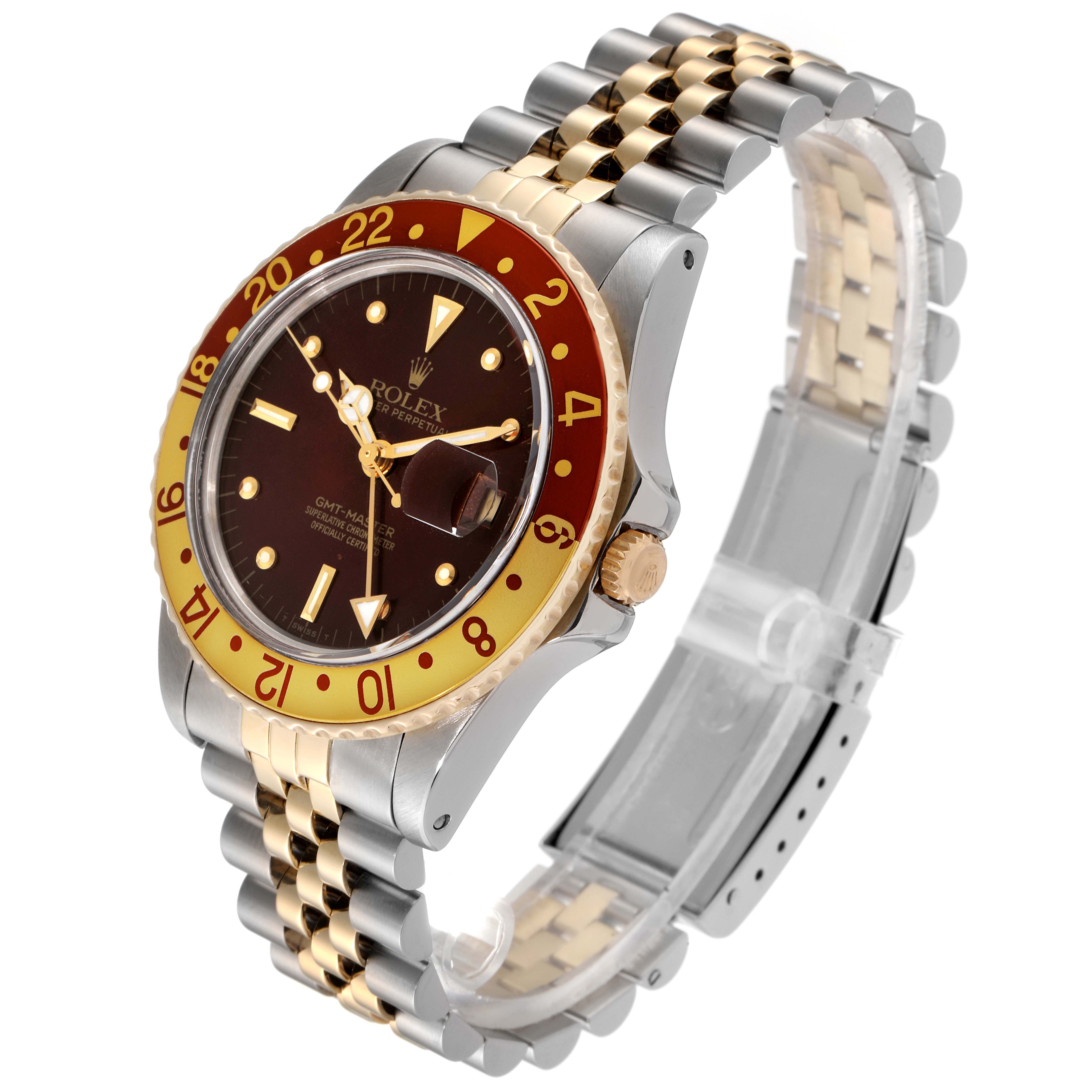 This Rolex Vintage Collection 16753 Men's Steel and Gold (two tone) Brown Dial 16753 Men's Steel and Gold (two tone) Brown Dial watch is shown at a three-quarter angle, highlighting the two-tone bracelet, dial, and bezel.