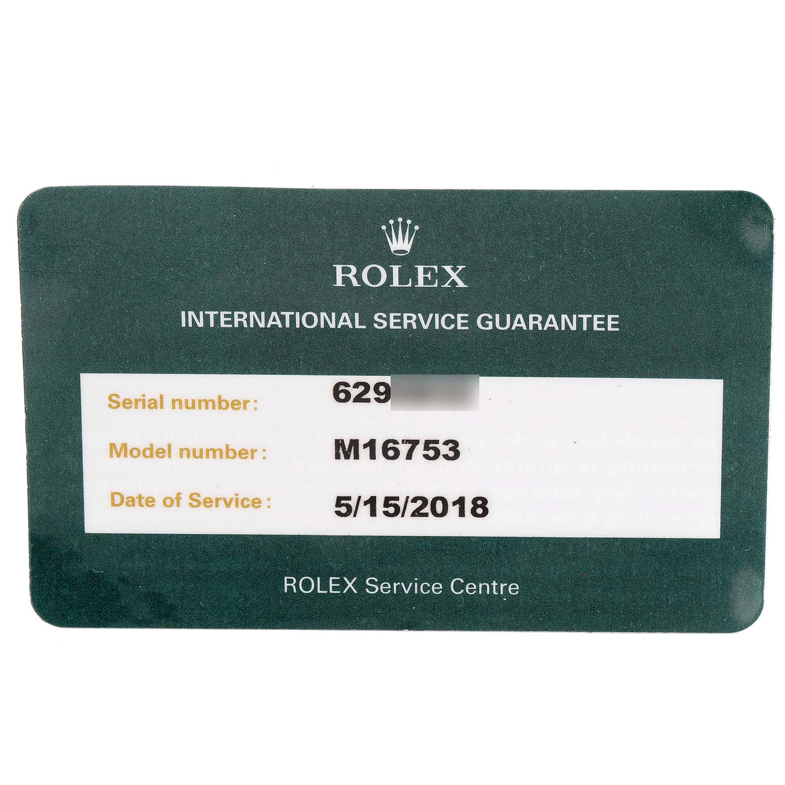 This image shows the International Service Guarantee card for the Vintage Collection model M16753 by Rolex.