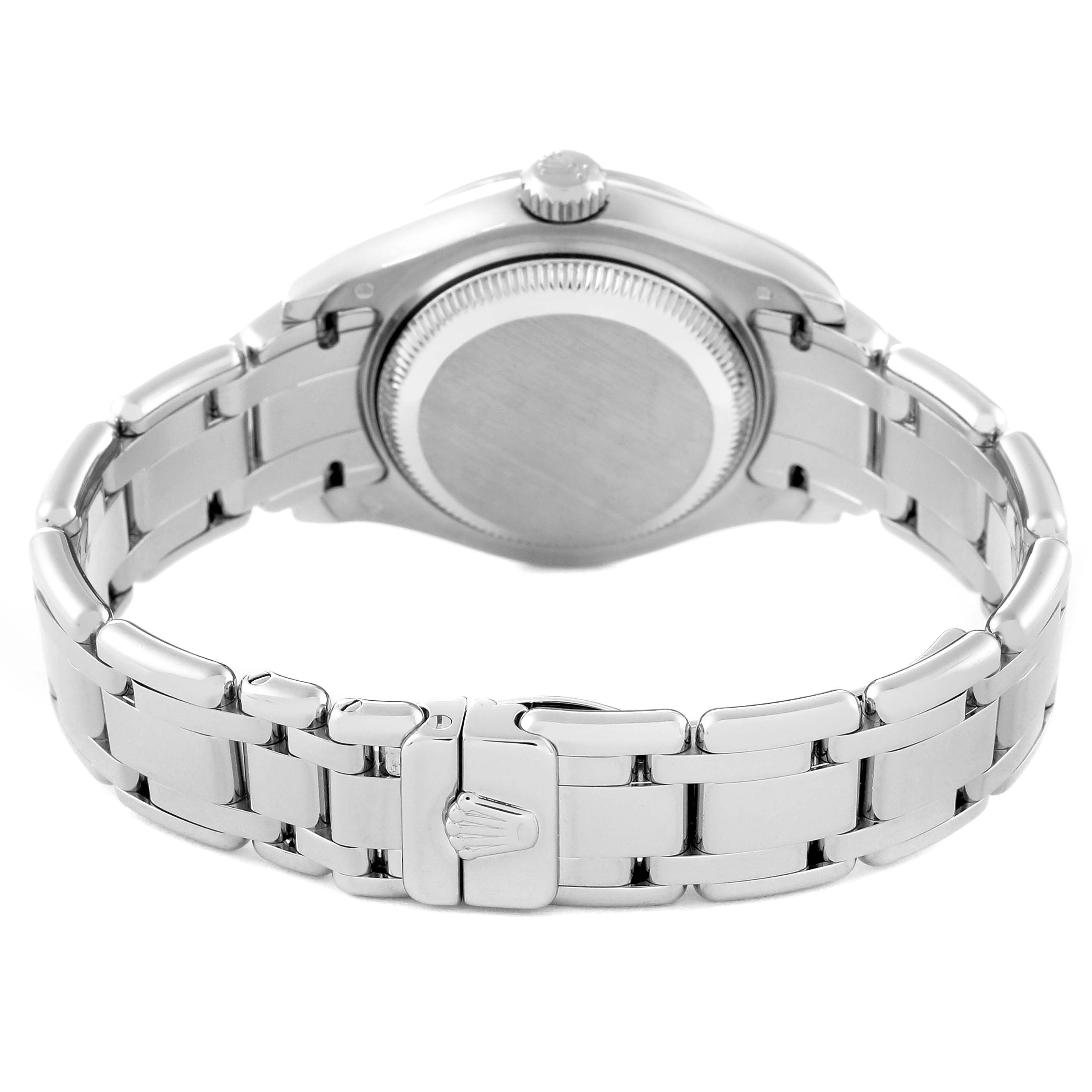 The image shows the back view of the Rolex Pearlmaster 80319 Women's White Gold Mother of Pearl Dial 80319 Women's White Gold Mother of Pearl Dial watch, highlighting its case back, crown, and bracelet with the clasp.