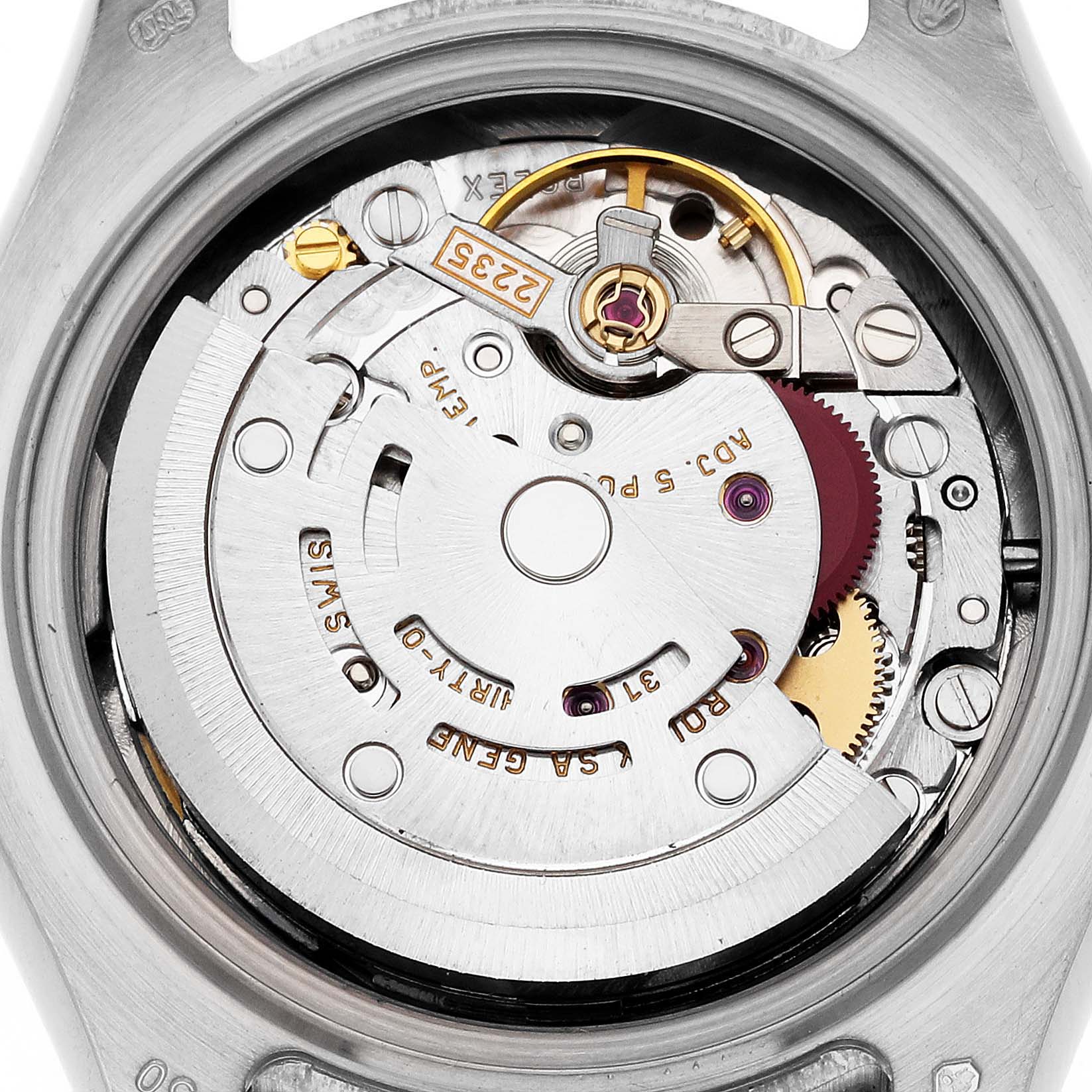 This is a close-up of the internal movement of a Rolex Pearlmaster 80319 Women's White Gold Mother of Pearl Dial 80319 Women's White Gold Mother of Pearl Dial watch, showing gears, rotors, and other mechanical components.