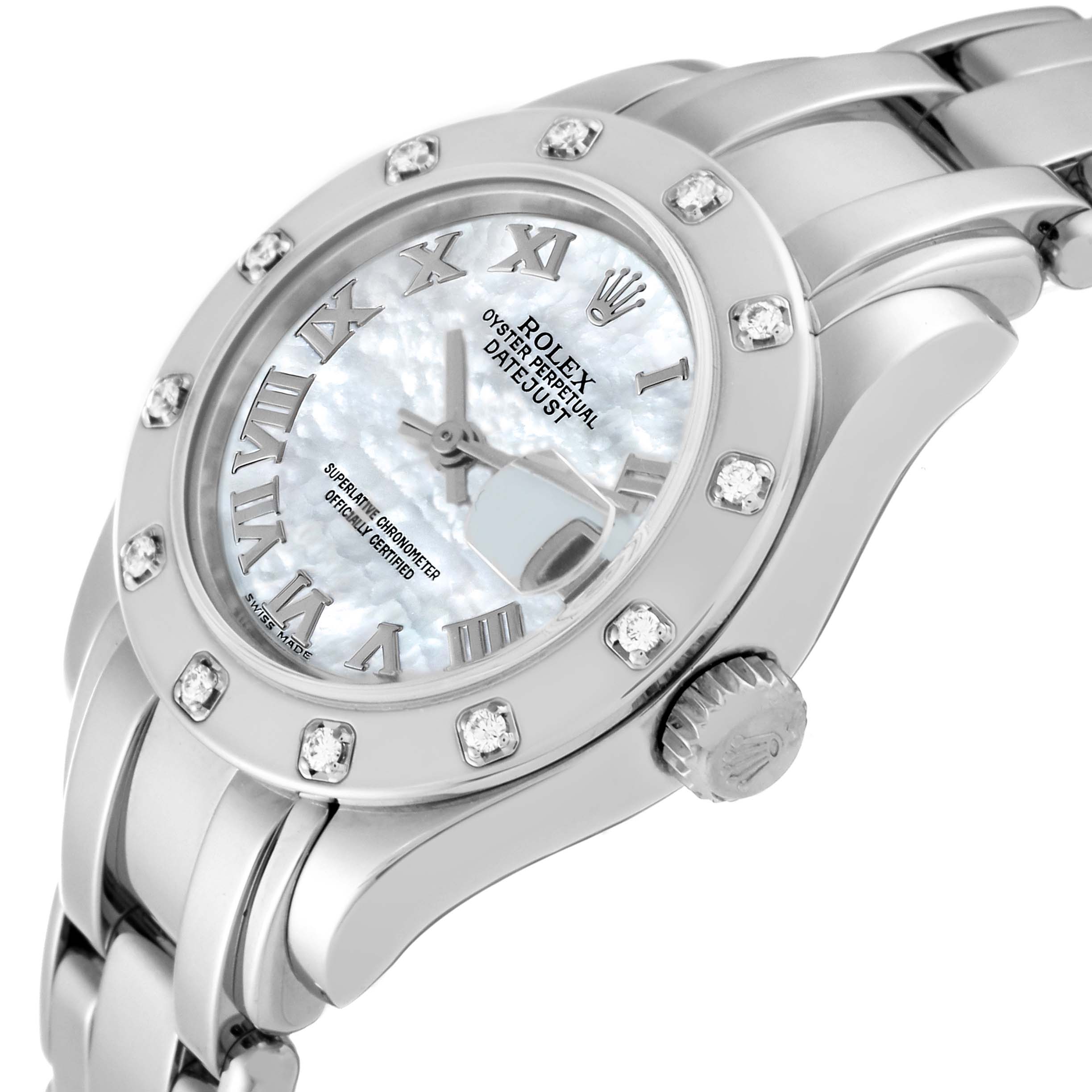 The Rolex Pearlmaster 80319 Women's White Gold Mother of Pearl Dial 80319 Women's White Gold Mother of Pearl Dial watch is shown at a three-quarter angle, displaying its dial, bezel, and part of the band.