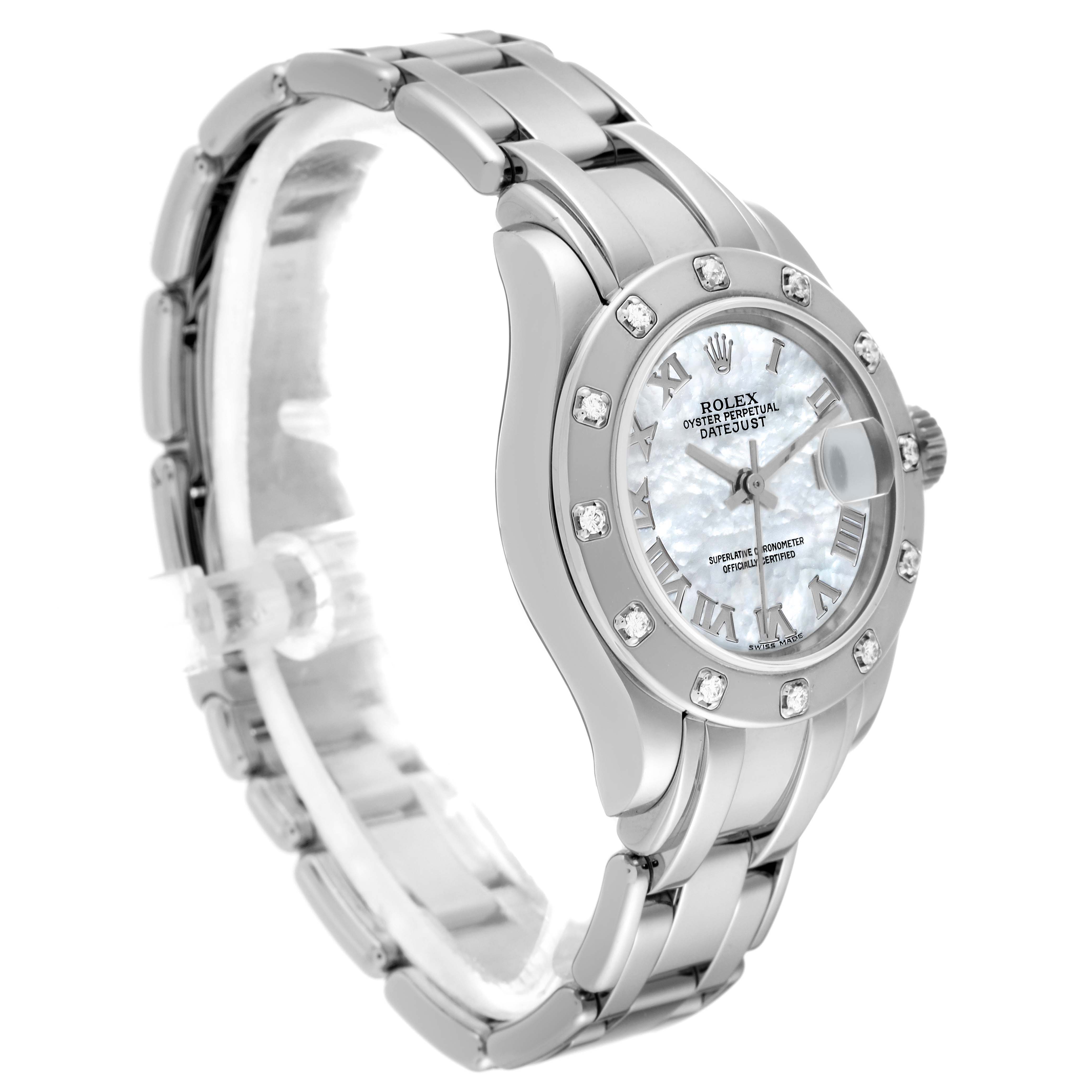 The image shows a side angle of the Rolex Pearlmaster 80319 Women's White Gold Mother of Pearl Dial 80319 Women's White Gold Mother of Pearl Dial watch, highlighting its bracelet, bezel with diamonds, and dial.