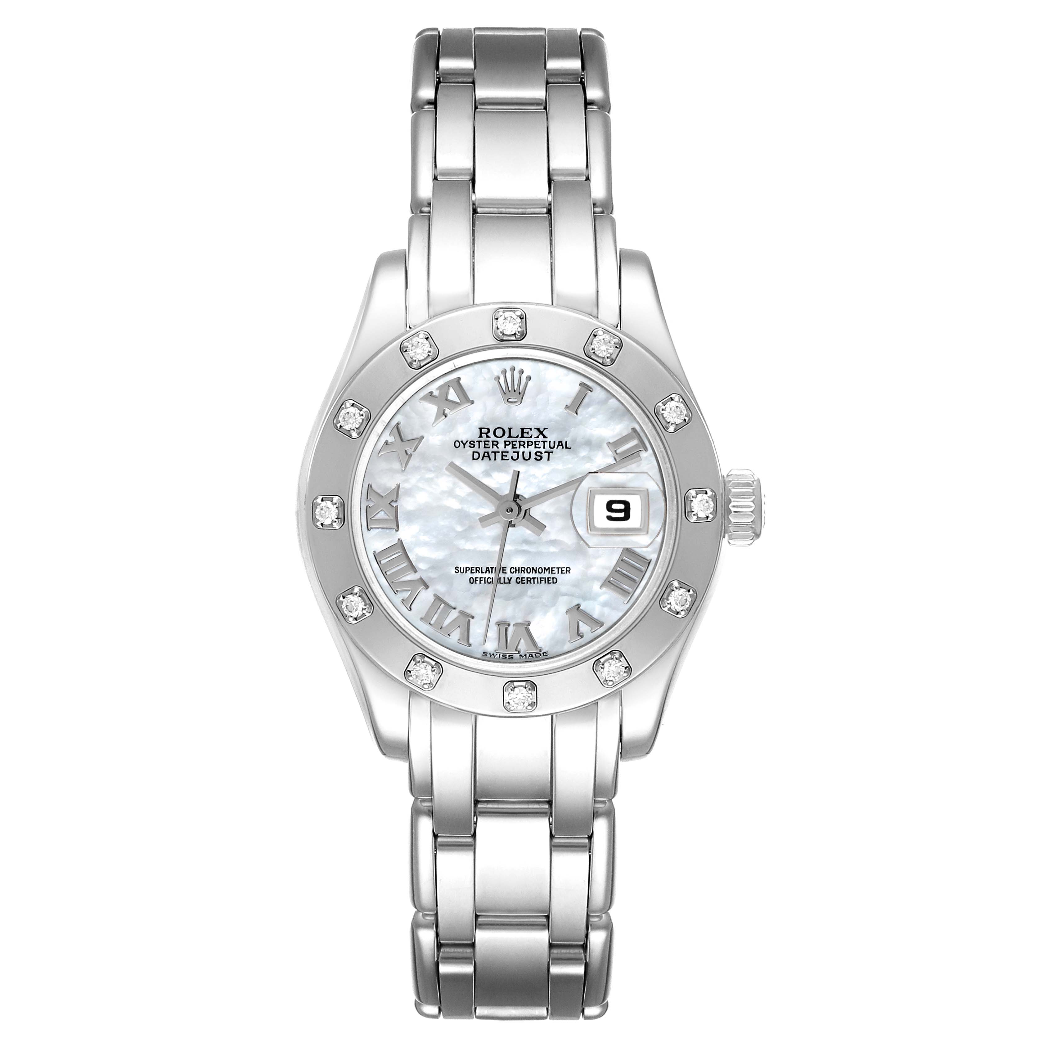 The Rolex Pearlmaster 80319 Women's White Gold Mother of Pearl Dial 80319 Women's White Gold Mother of Pearl Dial is shown from the front angle, displaying the dial, bezel, and bracelet.