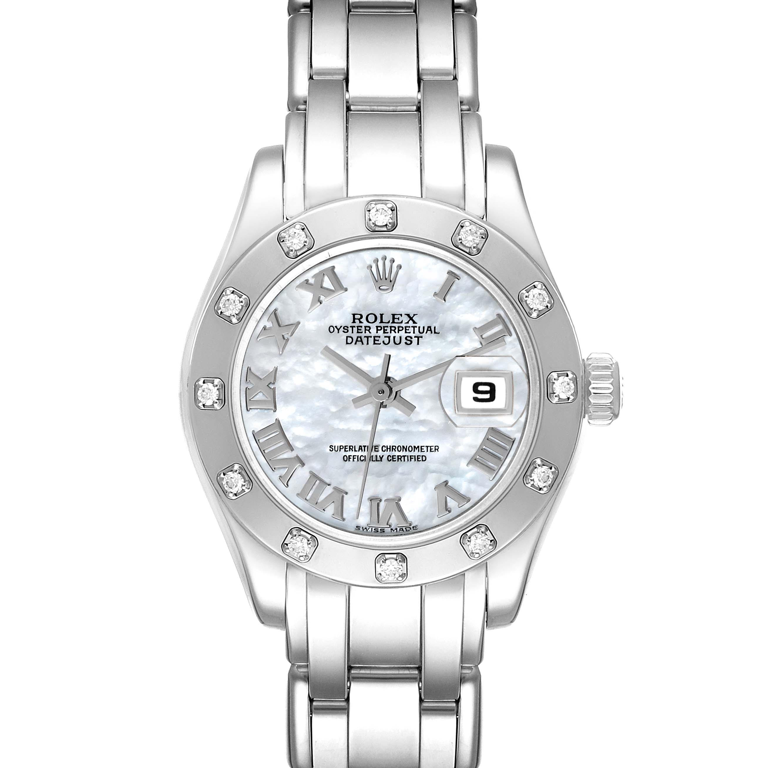 This image shows a full front view of the Rolex Pearlmaster 80319 Women's White Gold Mother of Pearl Dial 80319 Women's White Gold Mother of Pearl Dial watch, highlighting its face, bezel, bracelet, and date display.