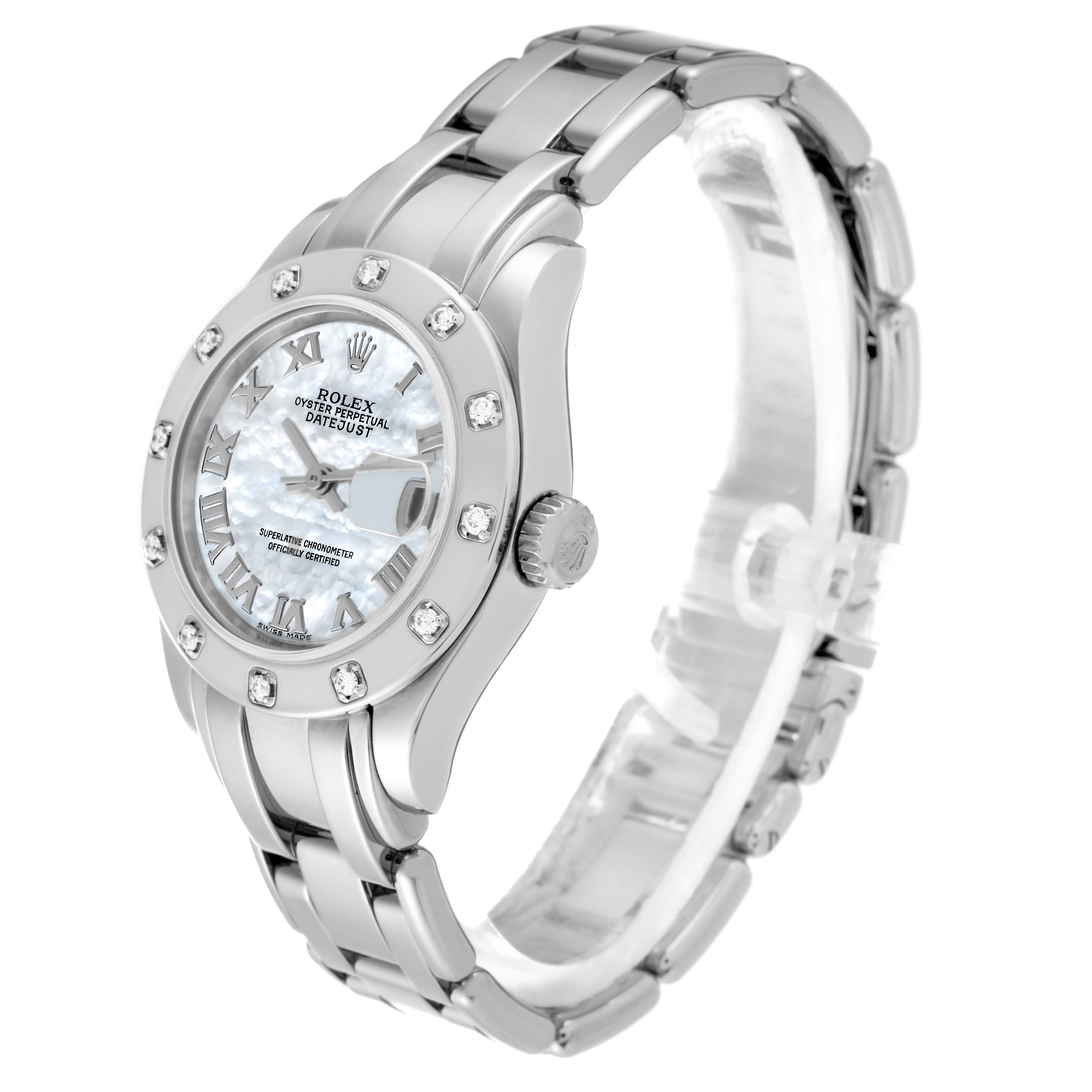 The Rolex Pearlmaster 80319 Women's White Gold Mother of Pearl Dial 80319 Women's White Gold Mother of Pearl Dial watch is shown at a three-quarter angle highlighting the face, bezel, crown, and bracelet.
