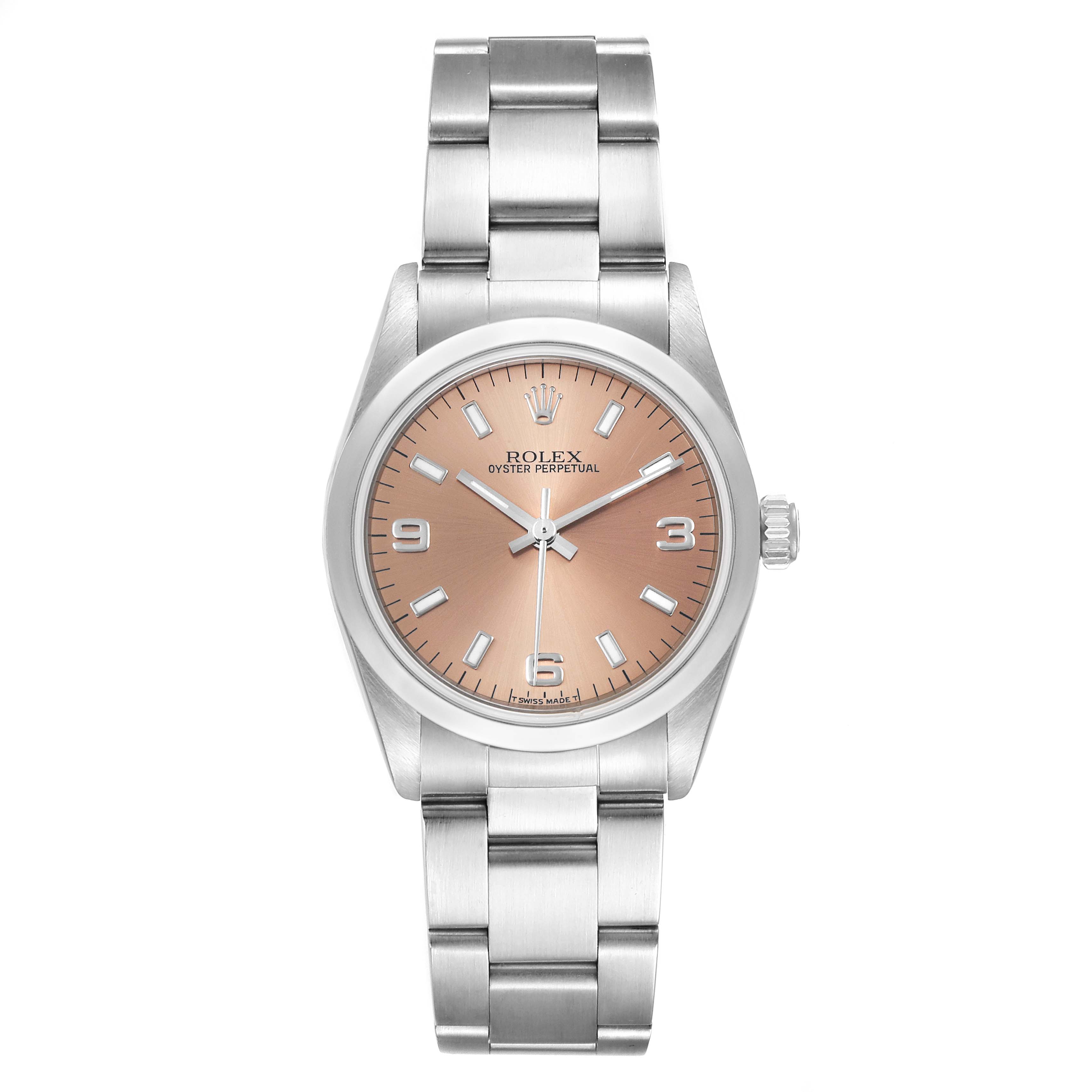 This is a front view of a Rolex Mid-Size 67480 Women's Stainless Steel Pink Dial 67480 Women's Stainless Steel Pink Dial Oyster Perpetual watch, showing the face, bezel, crown, and bracelet.