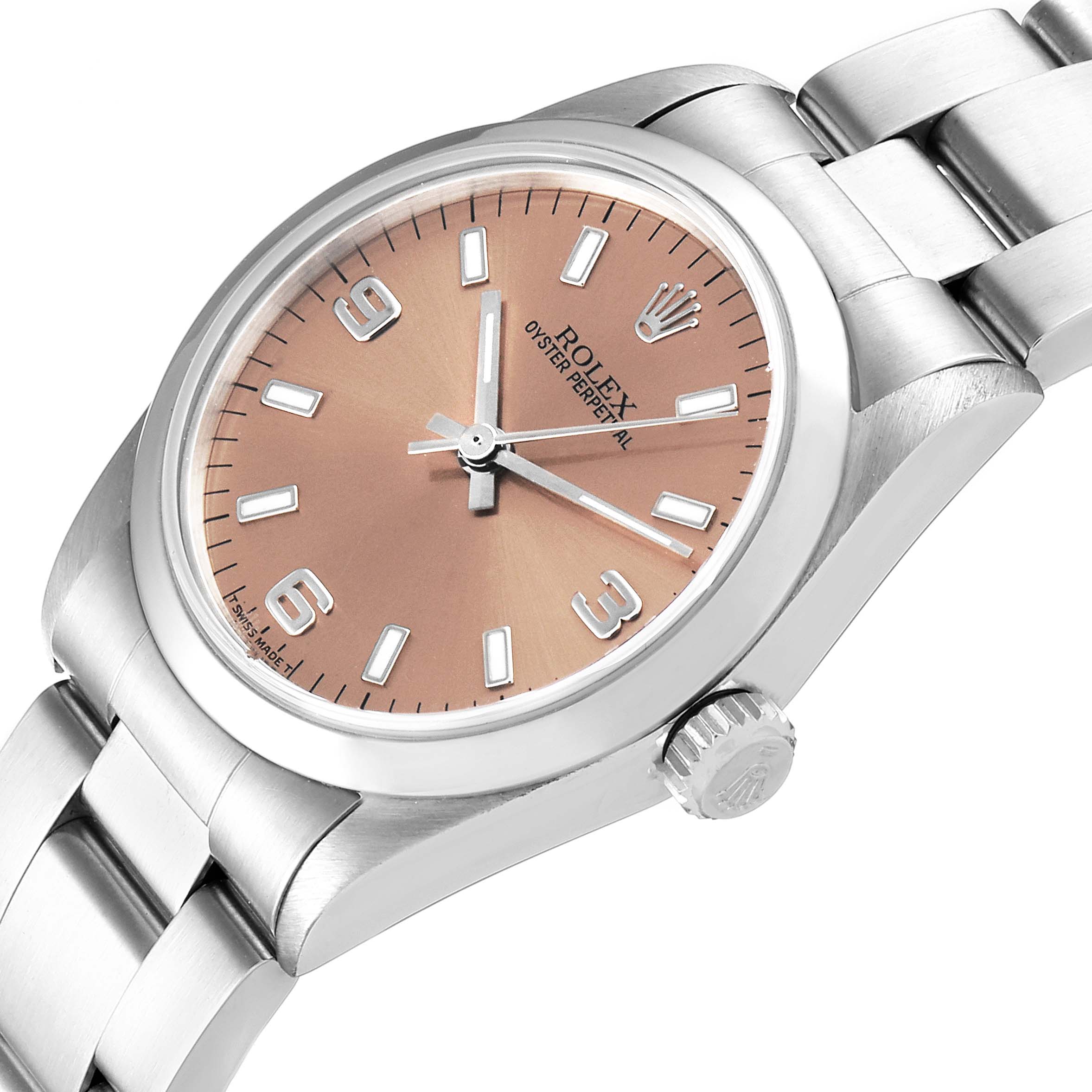The image shows an angled top view of a Rolex Mid-Size 67480 Women's Stainless Steel Pink Dial 67480 Women's Stainless Steel Pink Dial Oyster Perpetual watch, highlighting the face, bezel, and bracelet.