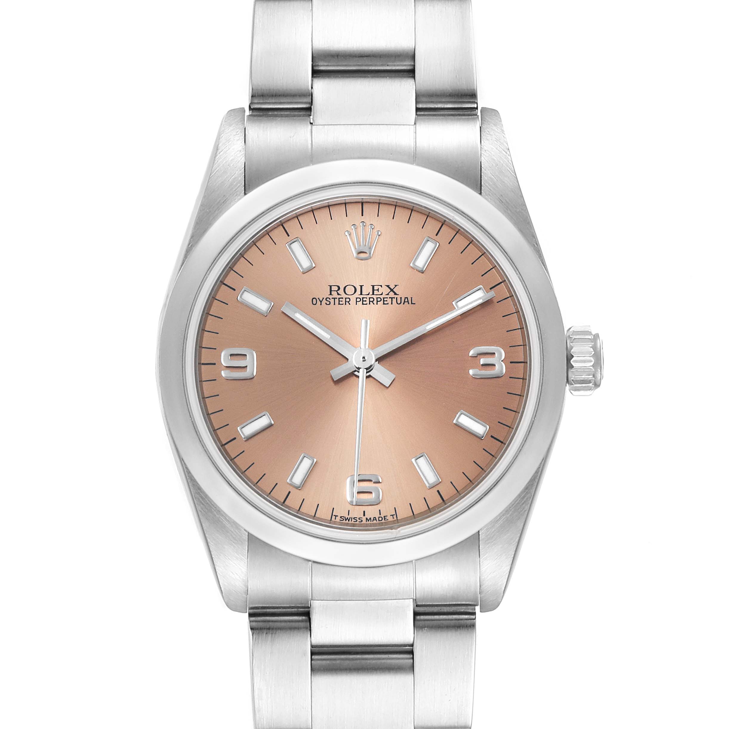 The image shows a frontal view of a Rolex Mid-Size 67480 Women's Stainless Steel Pink Dial 67480 Women's Stainless Steel Pink Dial Oyster Perpetual model, highlighting the dial, case, crown, and bracelet.