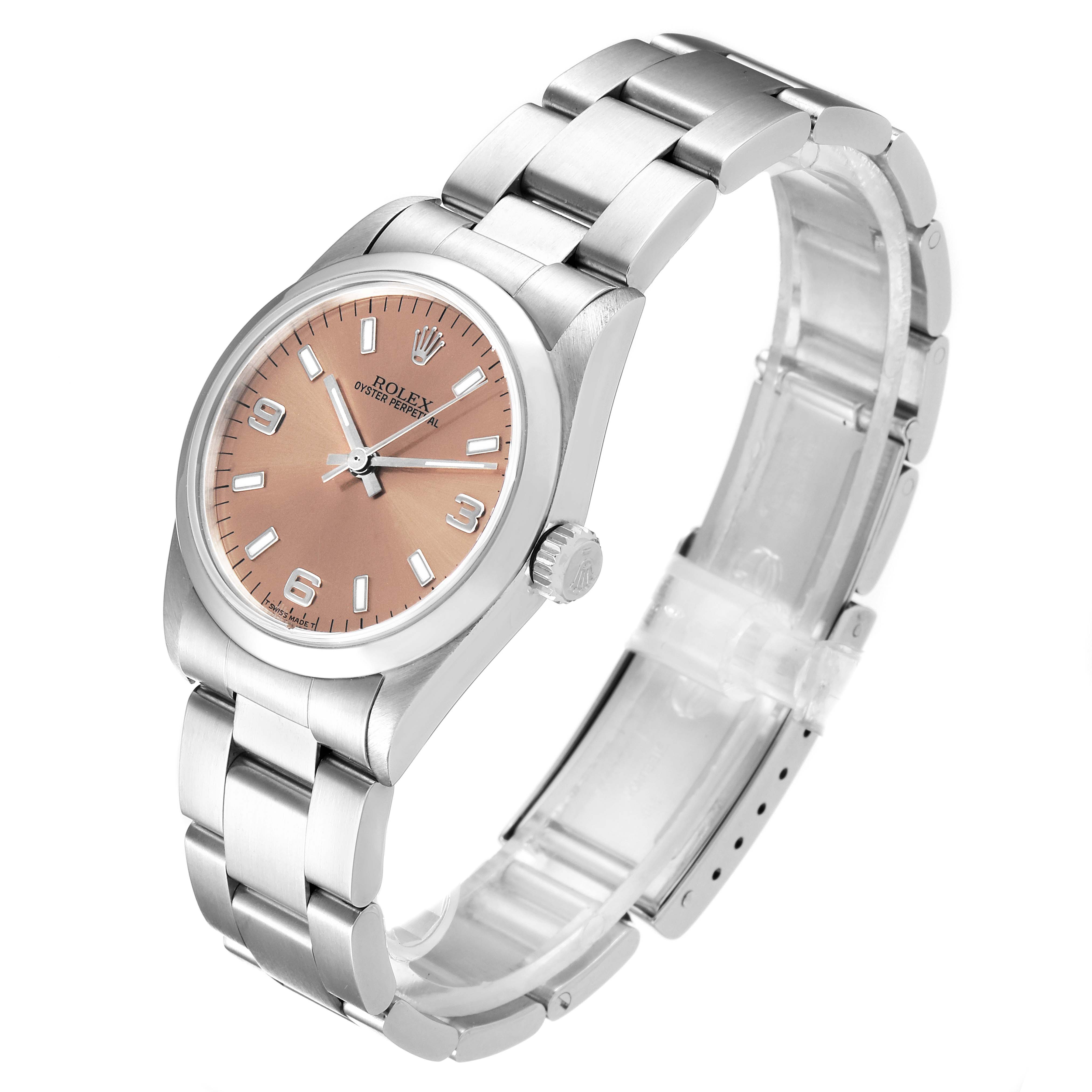 This Rolex Mid-Size 67480 Women's Stainless Steel Pink Dial 67480 Women's Stainless Steel Pink Dial model watch is shown from an angled perspective, highlighting its dial, crown, and bracelet.