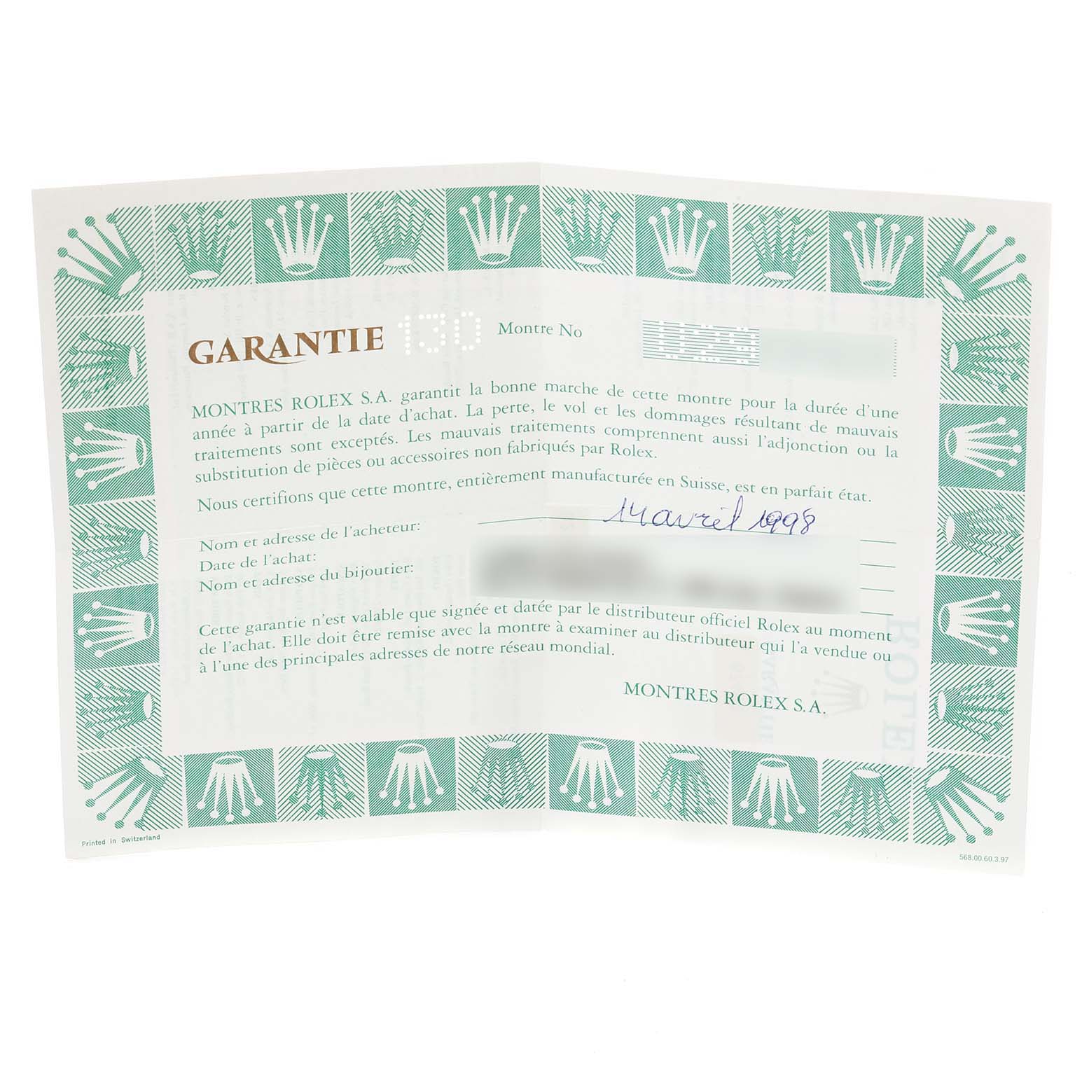 The image shows a Rolex warranty card for a Mid-Size model, displaying its details and official stamps.