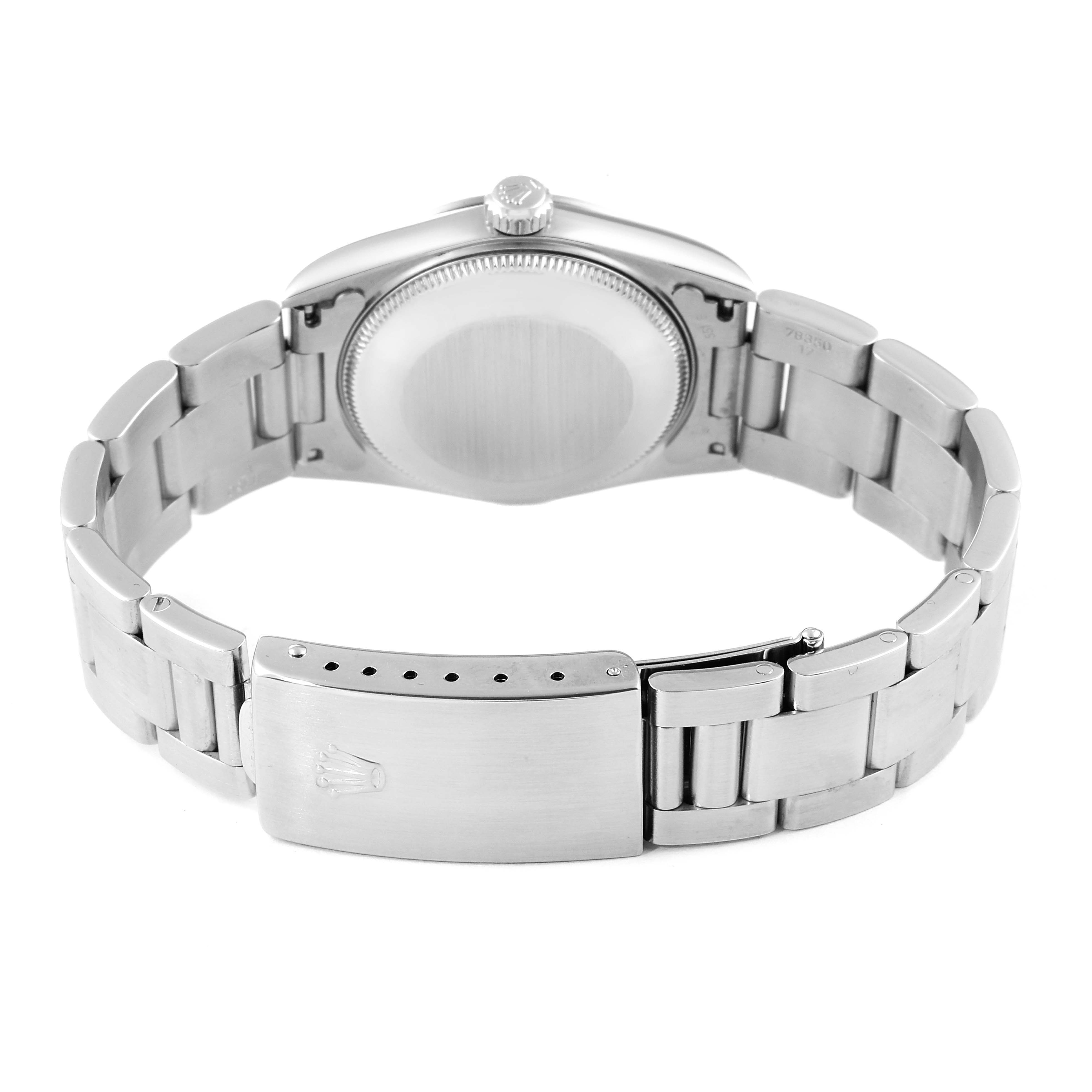 This image shows the back view of a Rolex Mid-Size 67480 Women's Stainless Steel Pink Dial 67480 Women's Stainless Steel Pink Dial watch, including the case back, bracelet, and clasp.