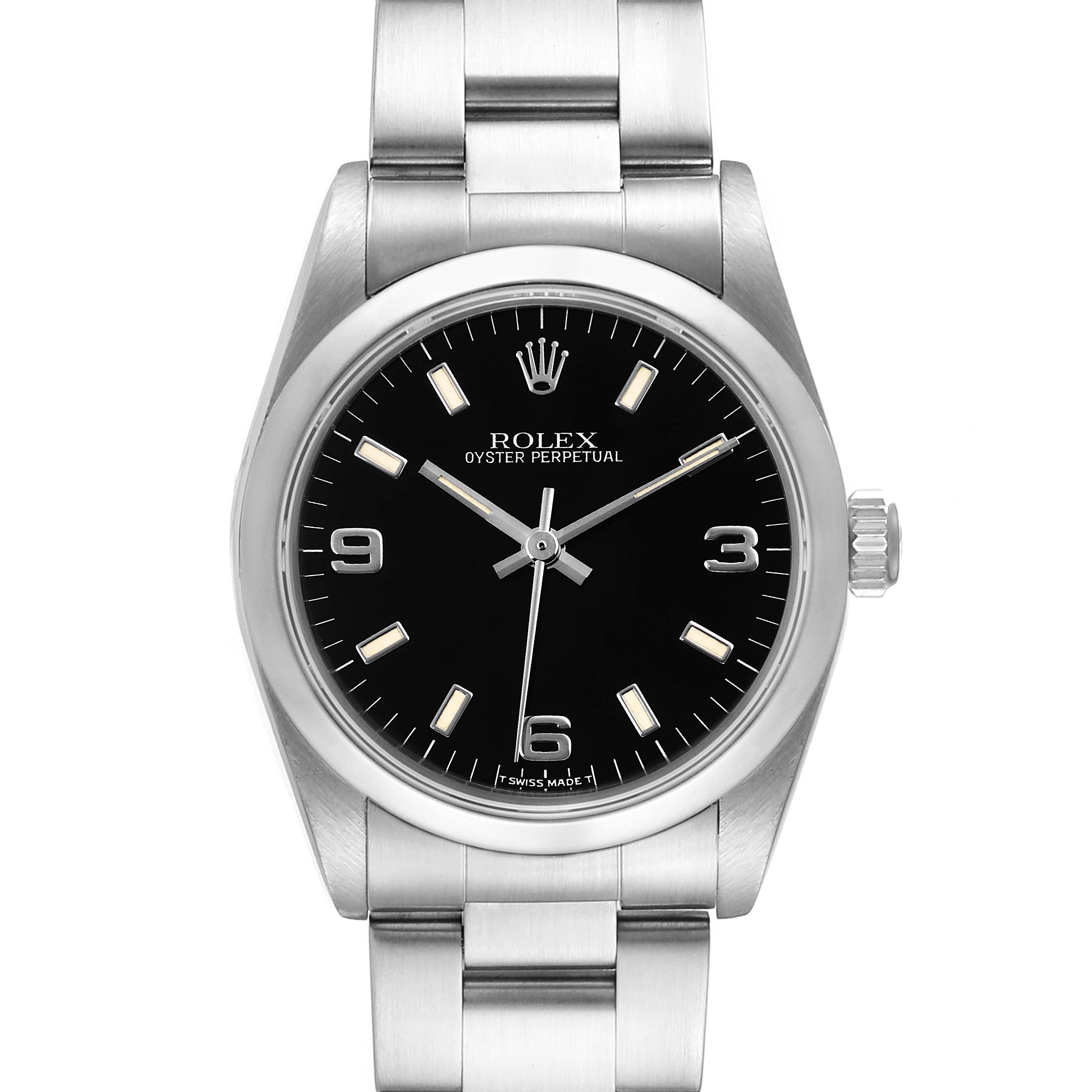 This image shows a frontal view of a Rolex Oyster Perpetual Mid-Size watch with a stainless steel case and bracelet.