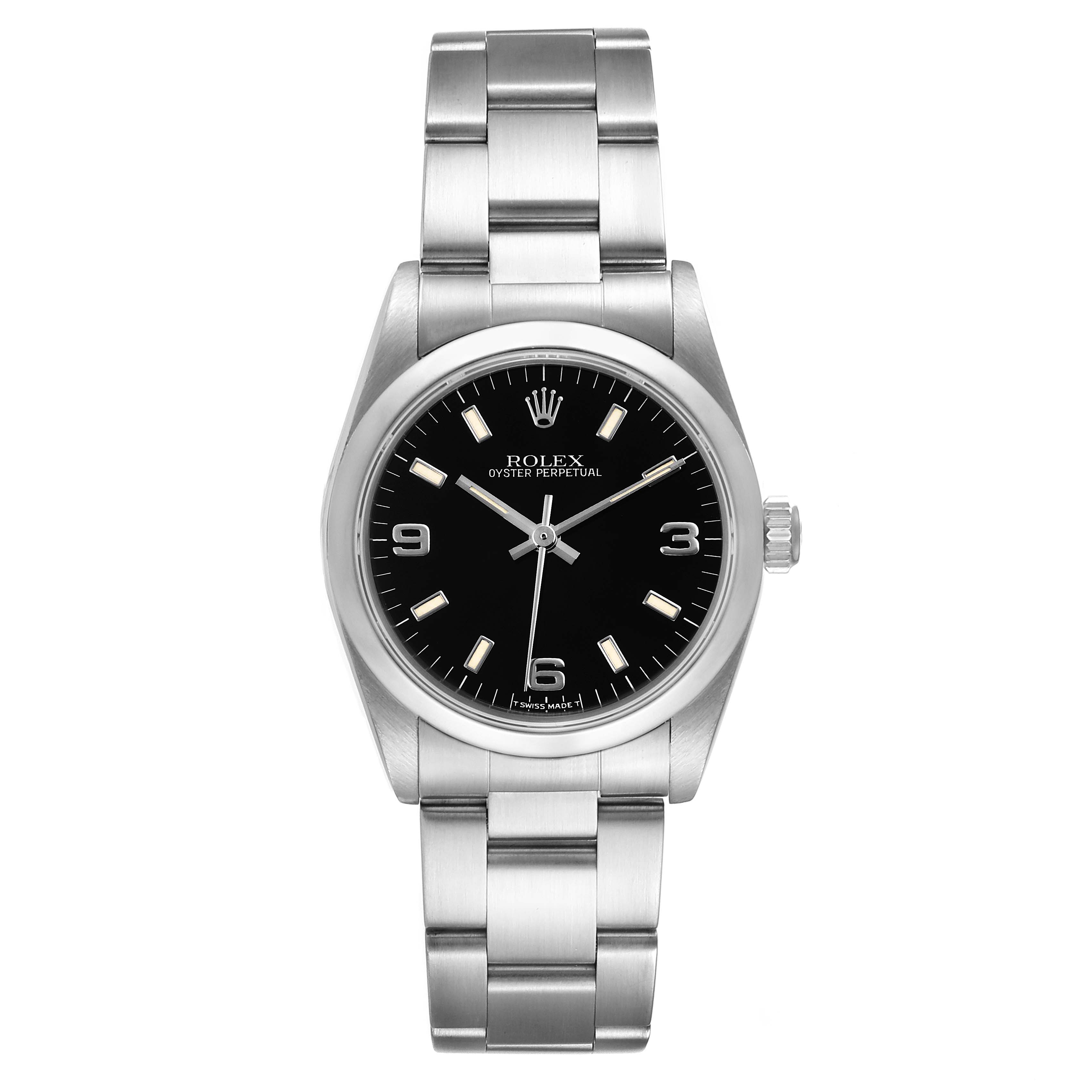 The Rolex Mid-Size 67480 Women
s Stainless Steel Black Dial 67480 Women
s Stainless Steel Black Dial watch is shown from a front angle, displaying the face, bezel, crown, and bracelet.