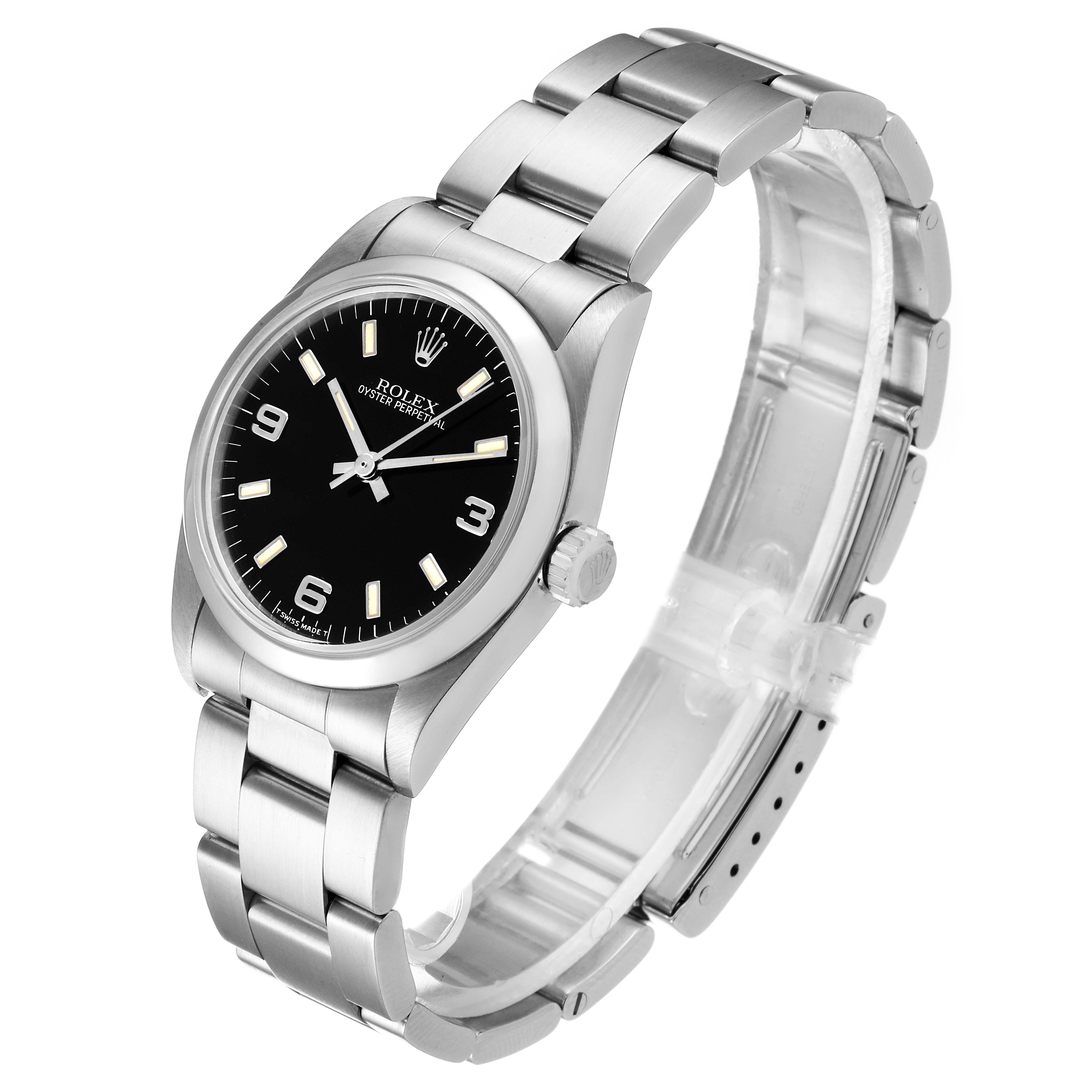 The image shows a side angle and view of the Rolex Mid-Size 67480 Women
s Stainless Steel Black Dial 67480 Women
s Stainless Steel Black Dial model, highlighting the watch face, bezel, crown, and bracelet.