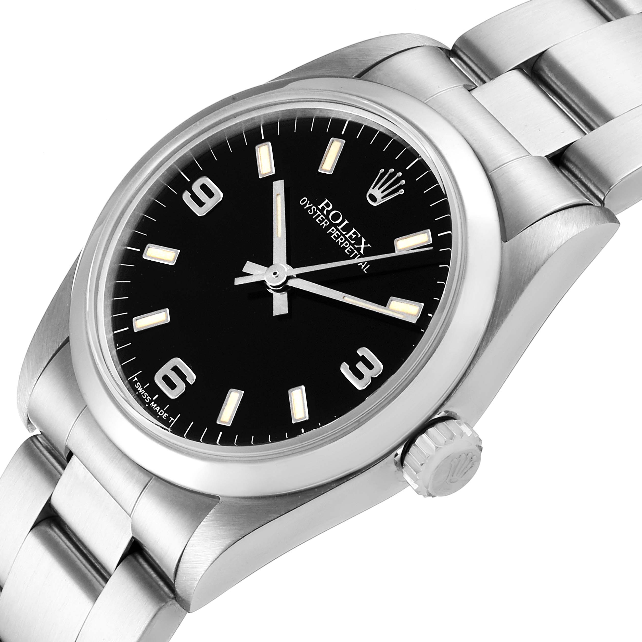The image shows a close-up angled view of the Rolex Mid-Size 67480 Women
s Stainless Steel Black Dial 67480 Women
s Stainless Steel Black Dial Oyster Perpetual watch, highlighting the face, case, crown, and bracelet.