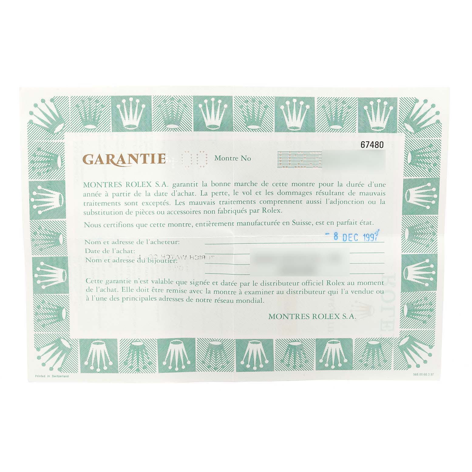 The image shows a filled warranty certificate for the Rolex Mid-Size 67480 Women
s Stainless Steel Black Dial 67480 Women
s Stainless Steel Black Dial model, featuring the brand
s logo and details.